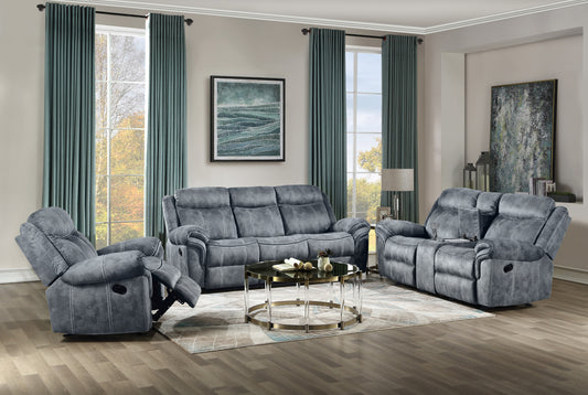 Gray fabric reclining sofa set with plush cushions and elegant stitching