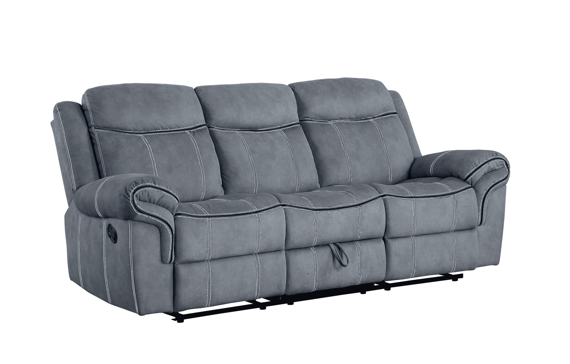 Gray fabric reclining sofa with white contrast stitching