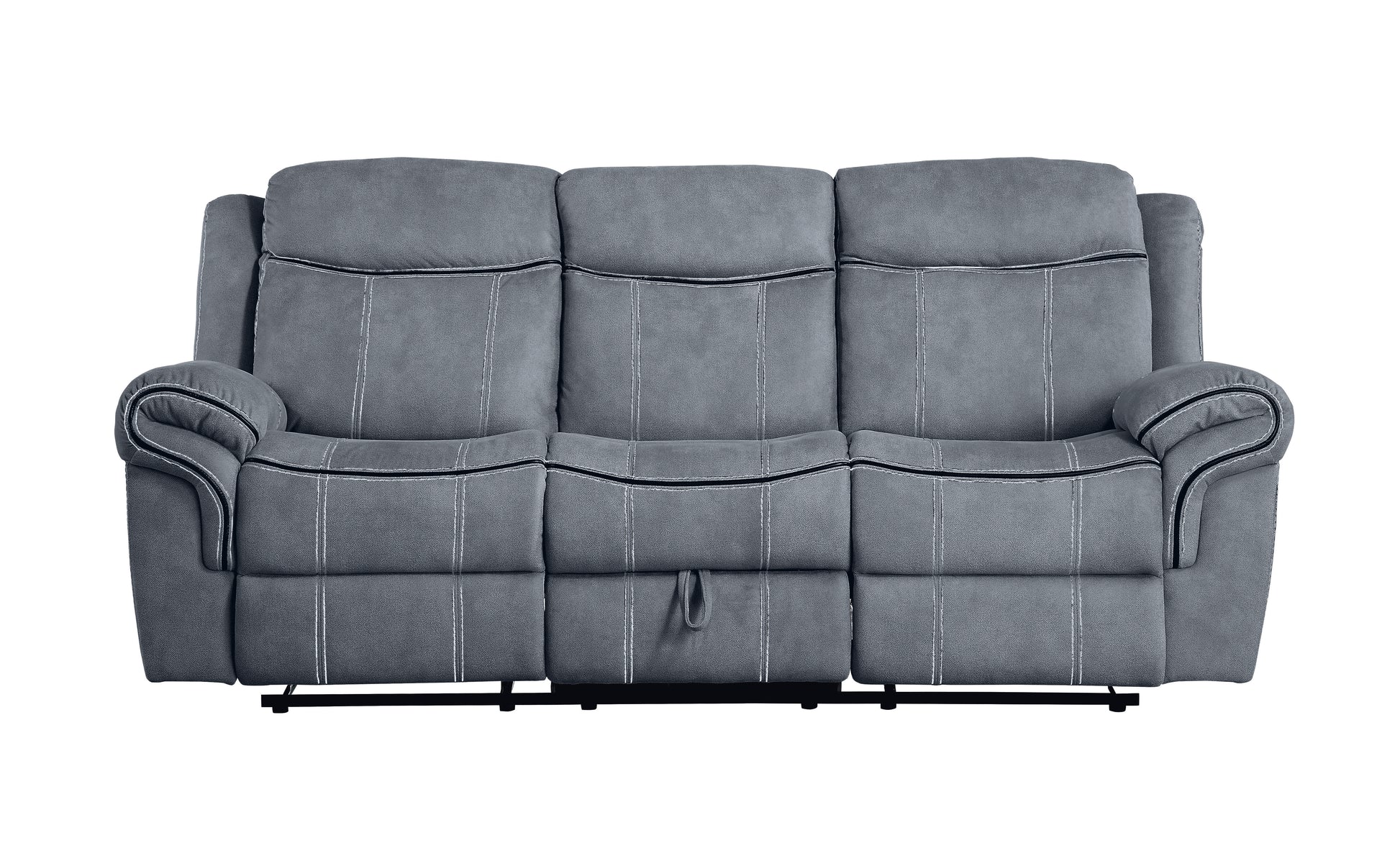 Gray fabric seater recliner sofa with white contrast stitching