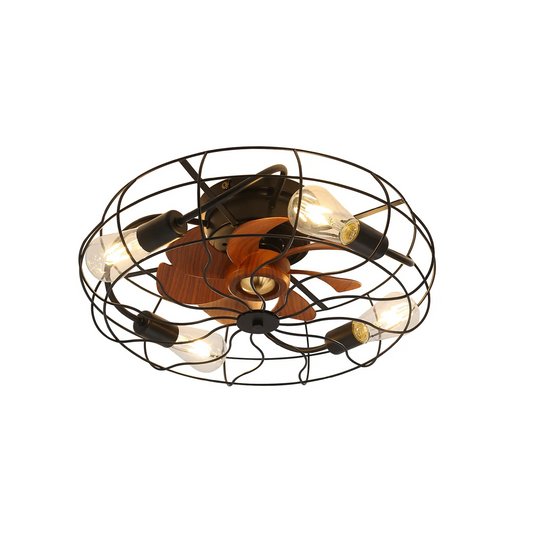 Industrial cage ceiling fan with five Edison bulbs and wood accents