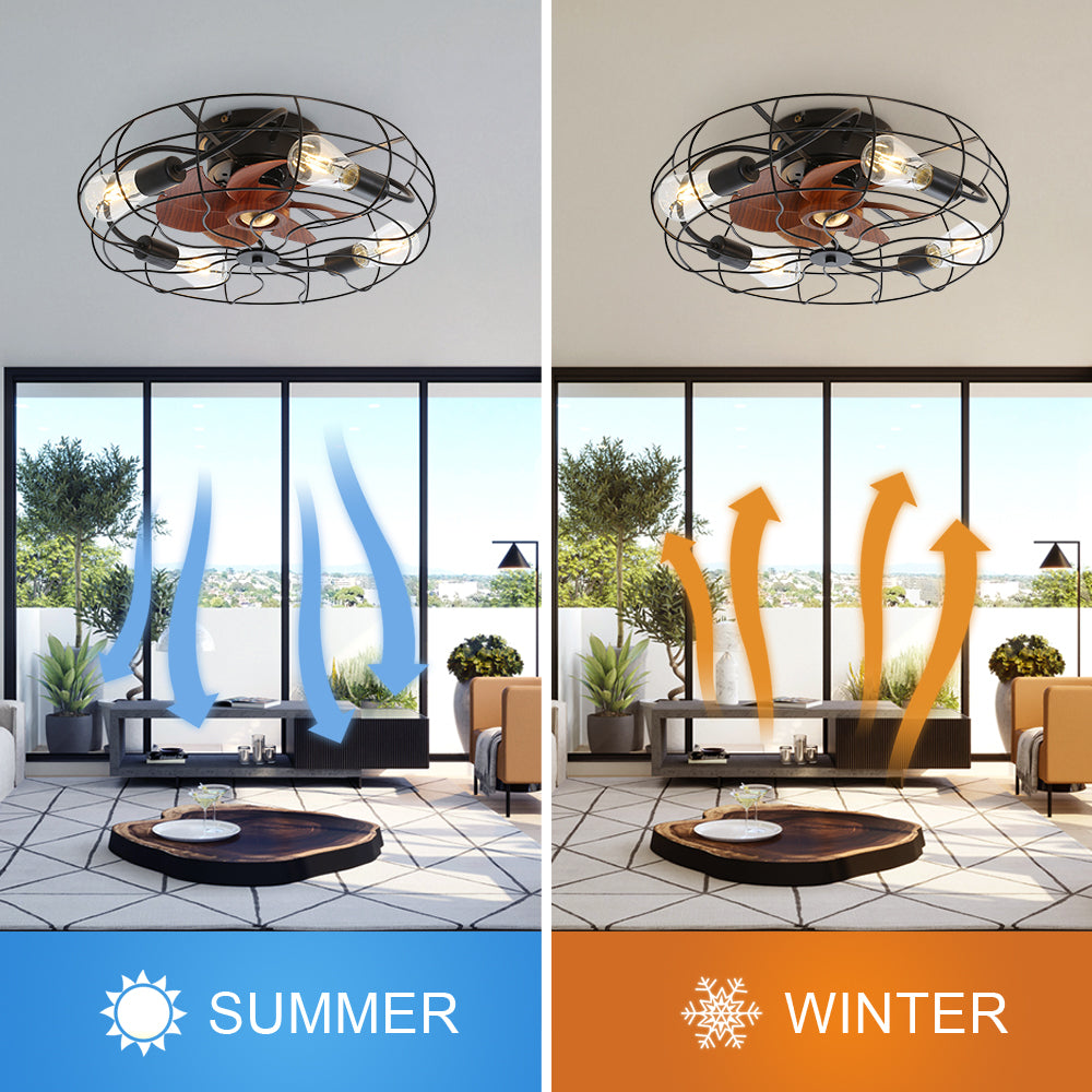 Industrial cage ceiling fan with reversible airflow