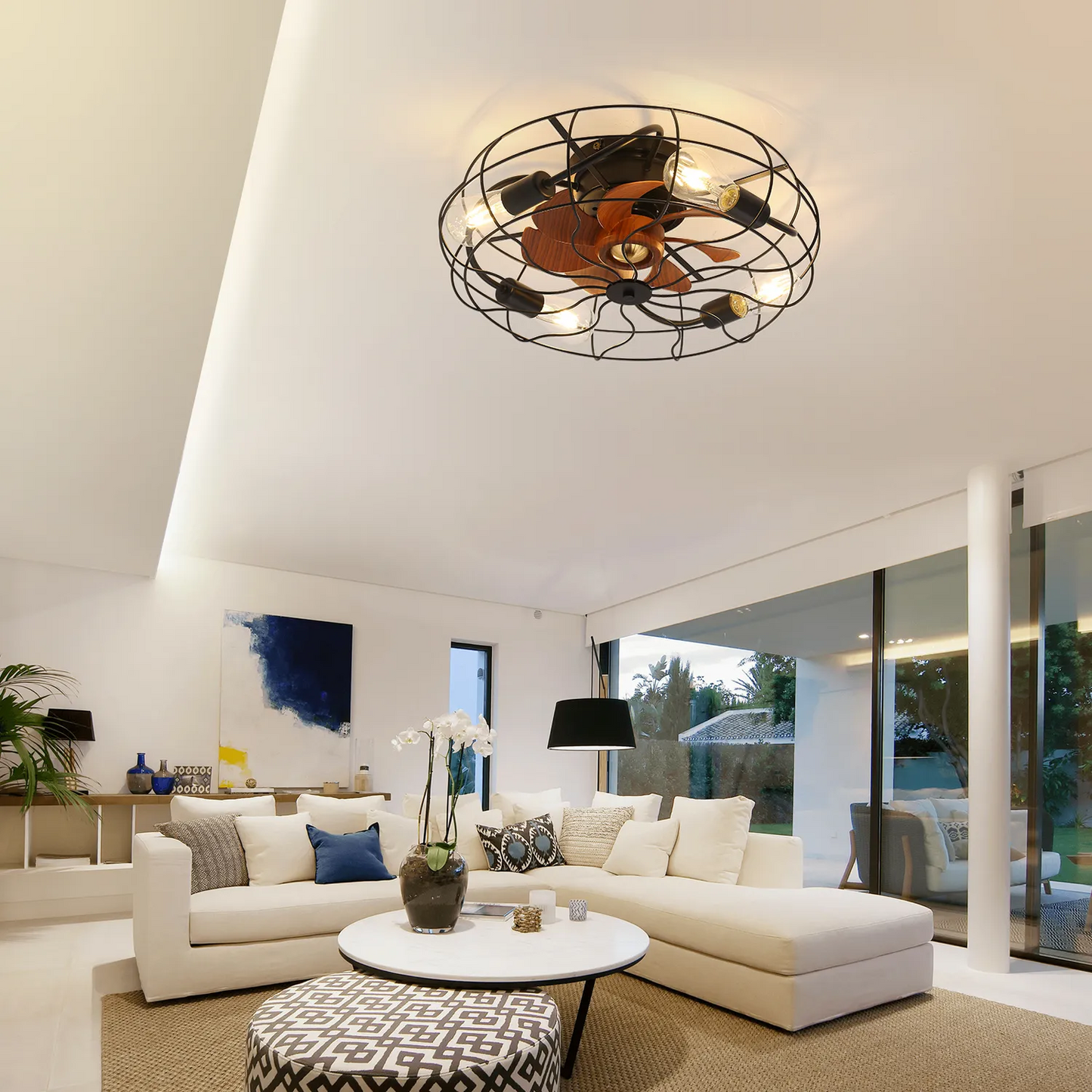 Industrial cage ceiling fan with  lights and wood blades