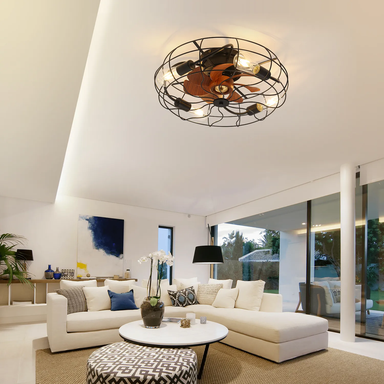 Industrial cage ceiling fan with  lights and wood blades