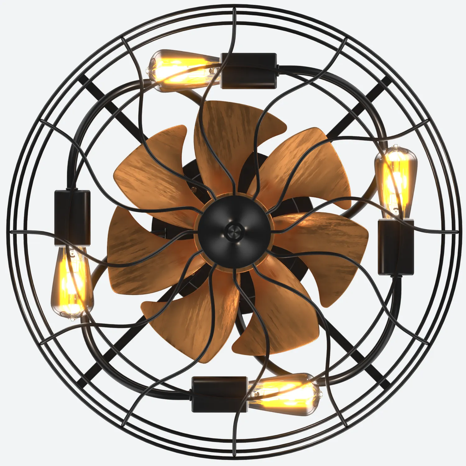 Industrial ceiling fan with woodlook blades and Edison bulbs