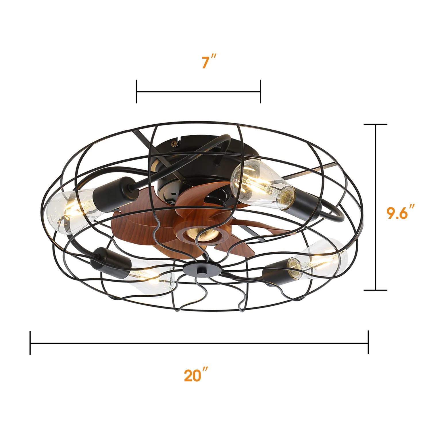Black caged ceiling fan with wood blades and Edison bulbs