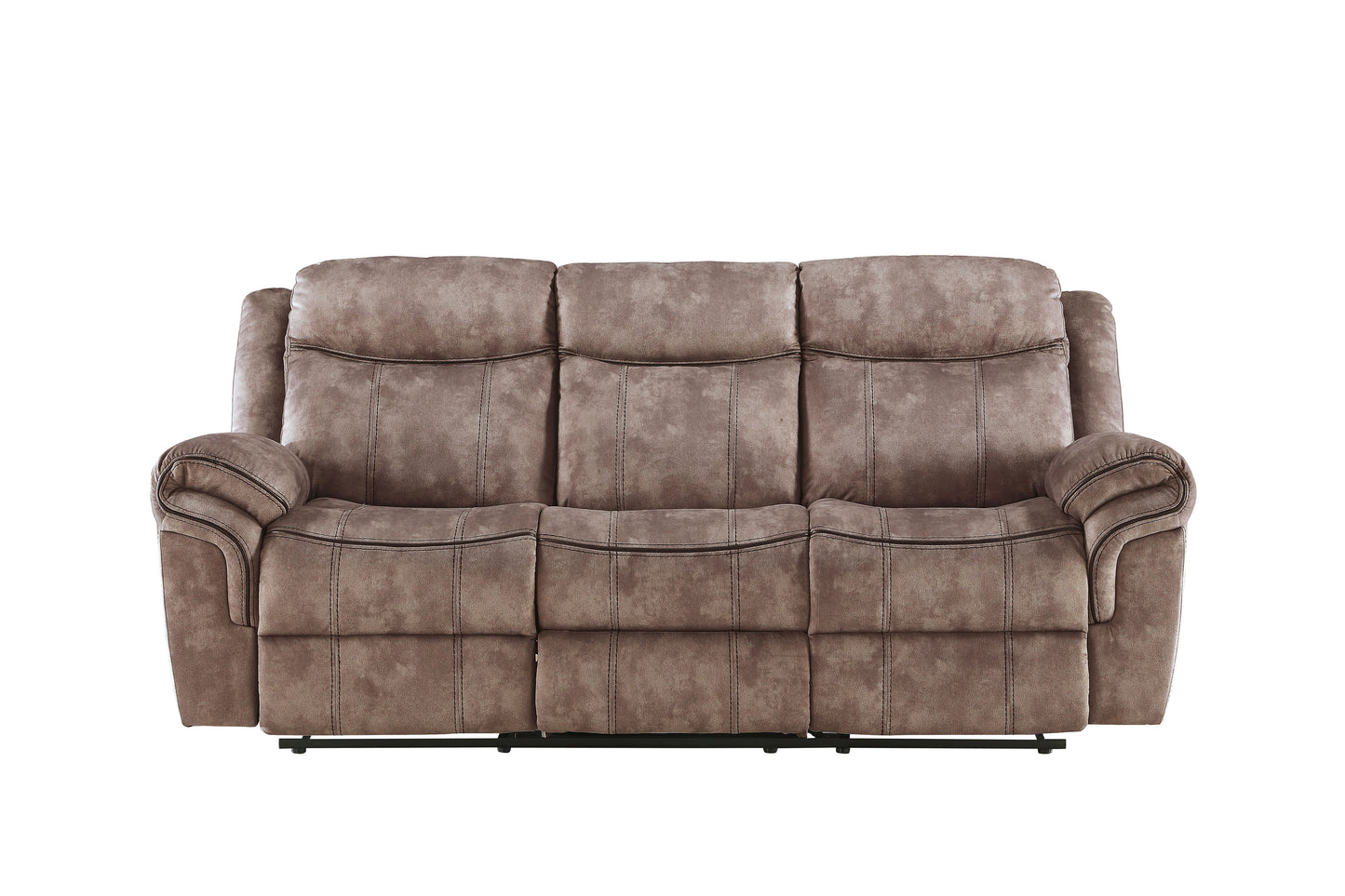Brown reclining sofa with plush cushions and stitched details