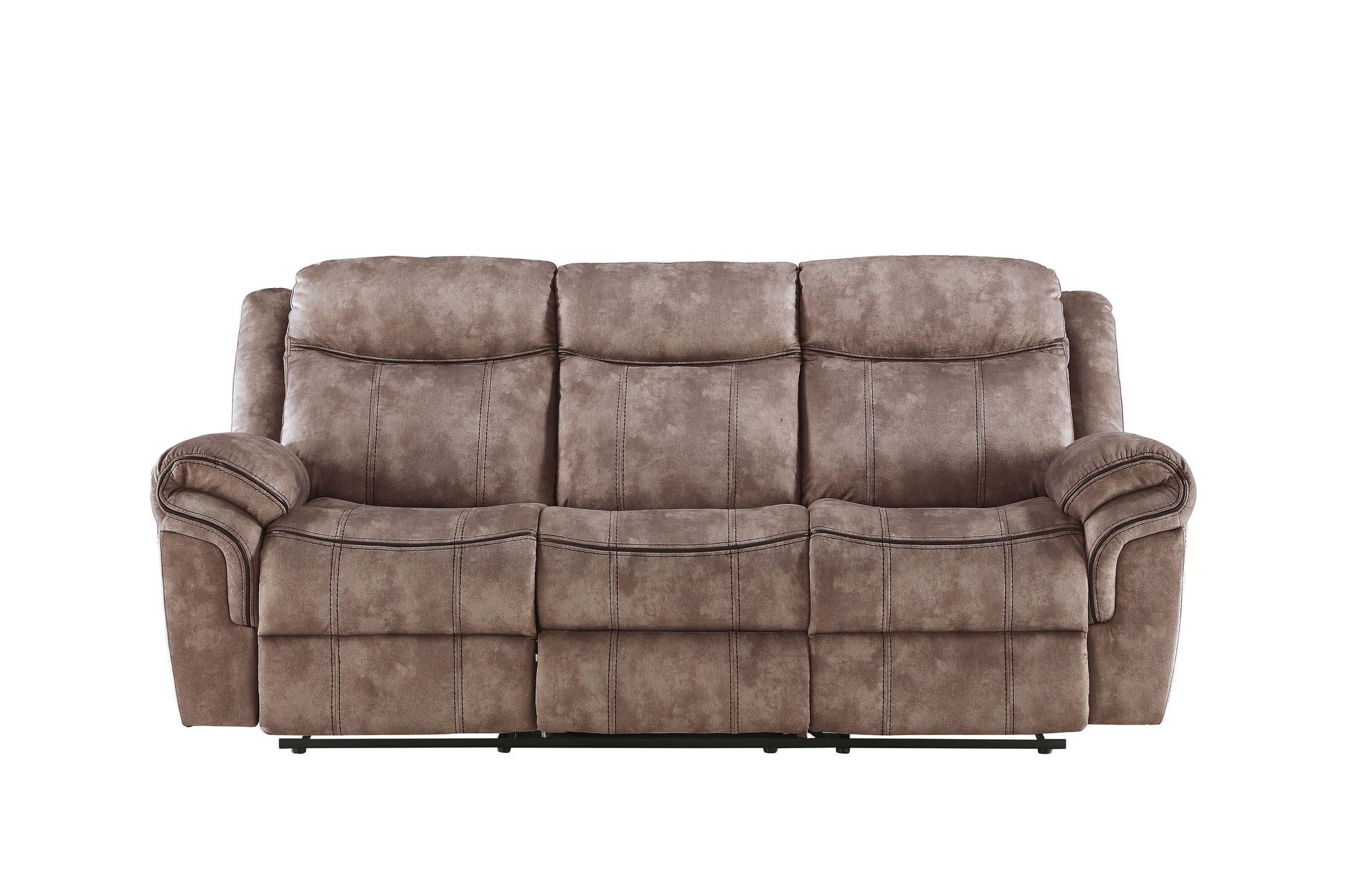 Brown reclining sofa with plush cushions and stitched details