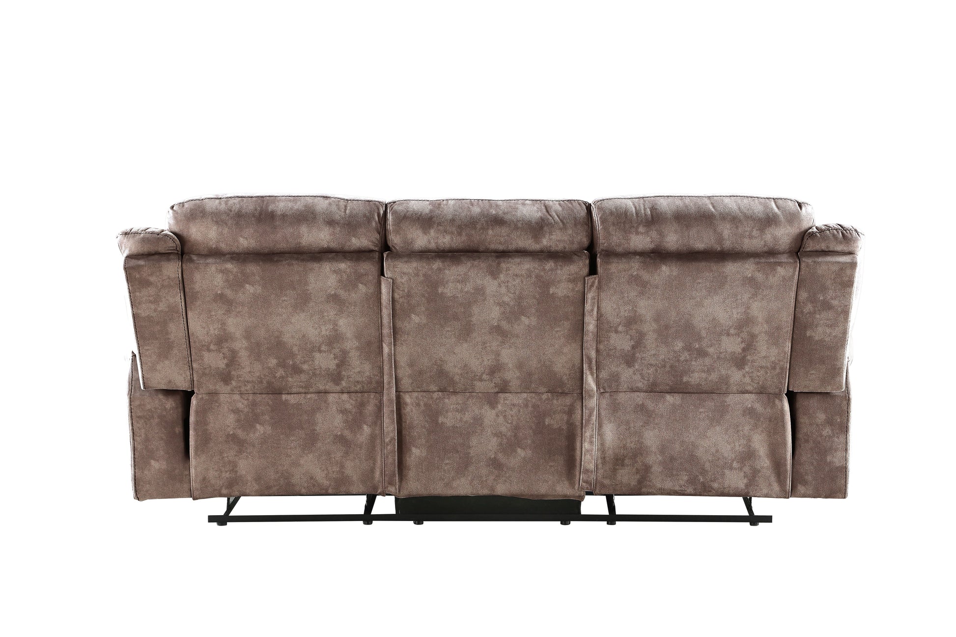 Brown velvet threeseat reclining sofa back view