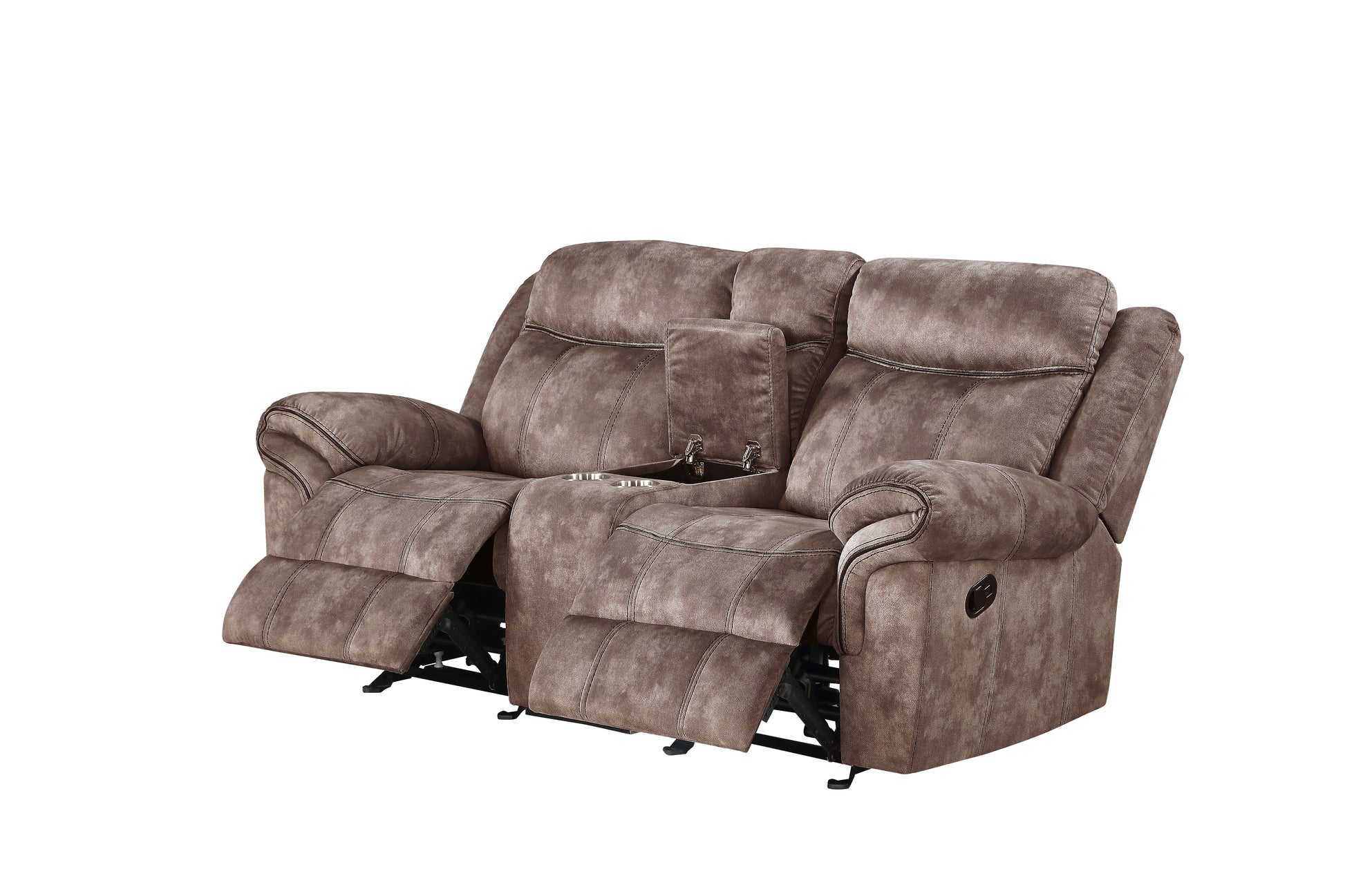 Brown reclining sofa with two cup holders and storage console
