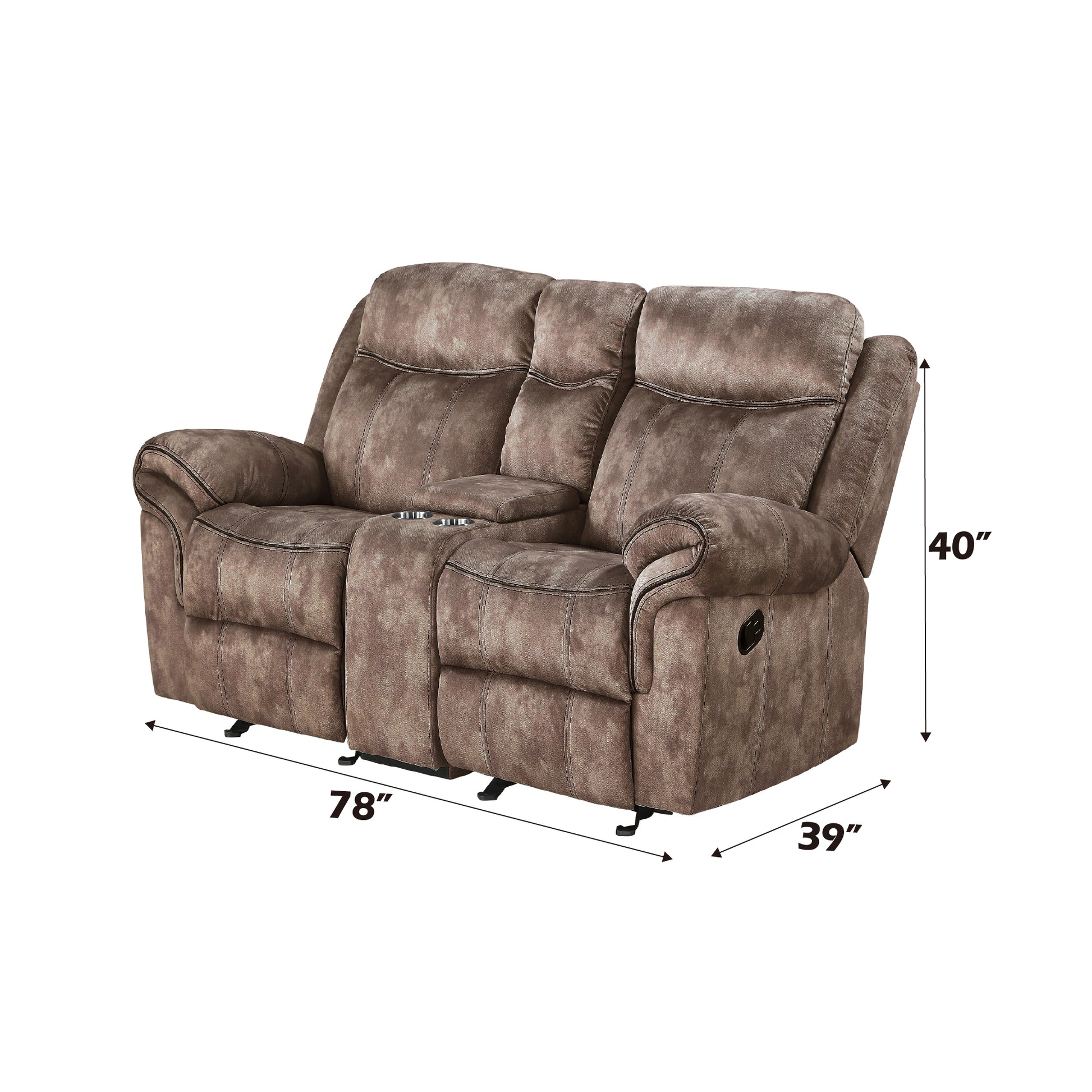 Brown fabric double recliner sofa with cup holders