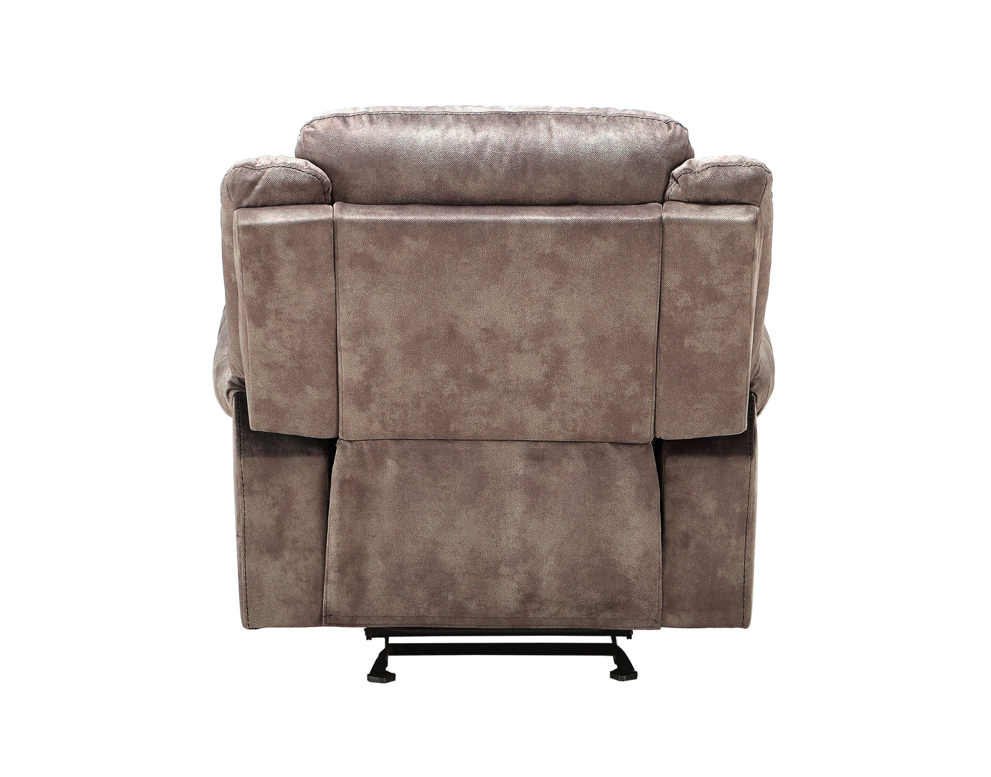 Brown velvet power recliner shown from the back with metal base
