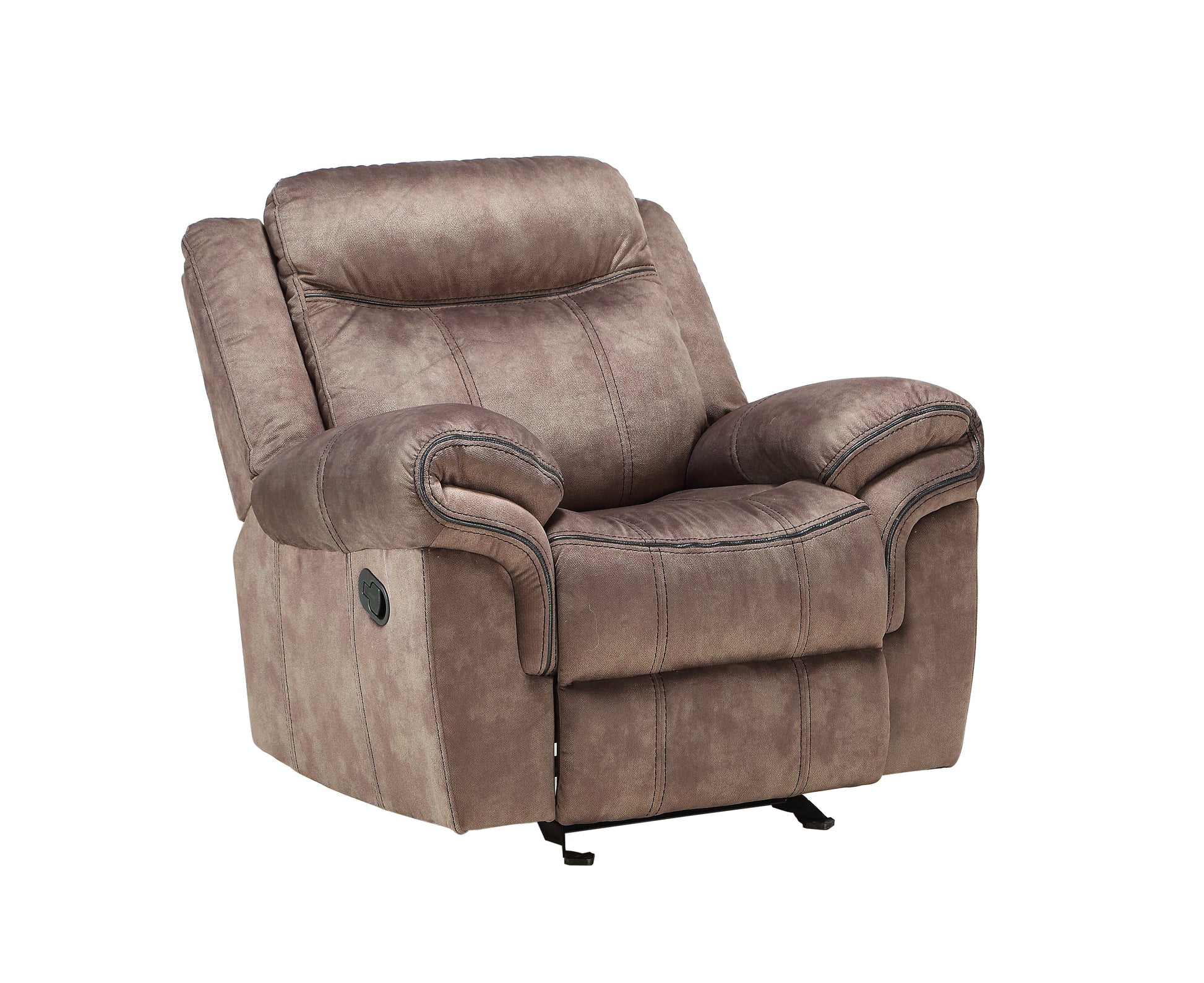 Plush taupe fabric recliner chair with contrast stitching and lever mechanism