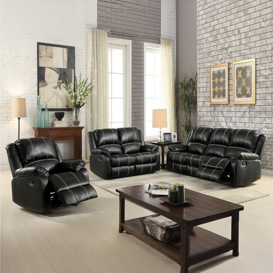 Black leather recliner chair with white stitching detail