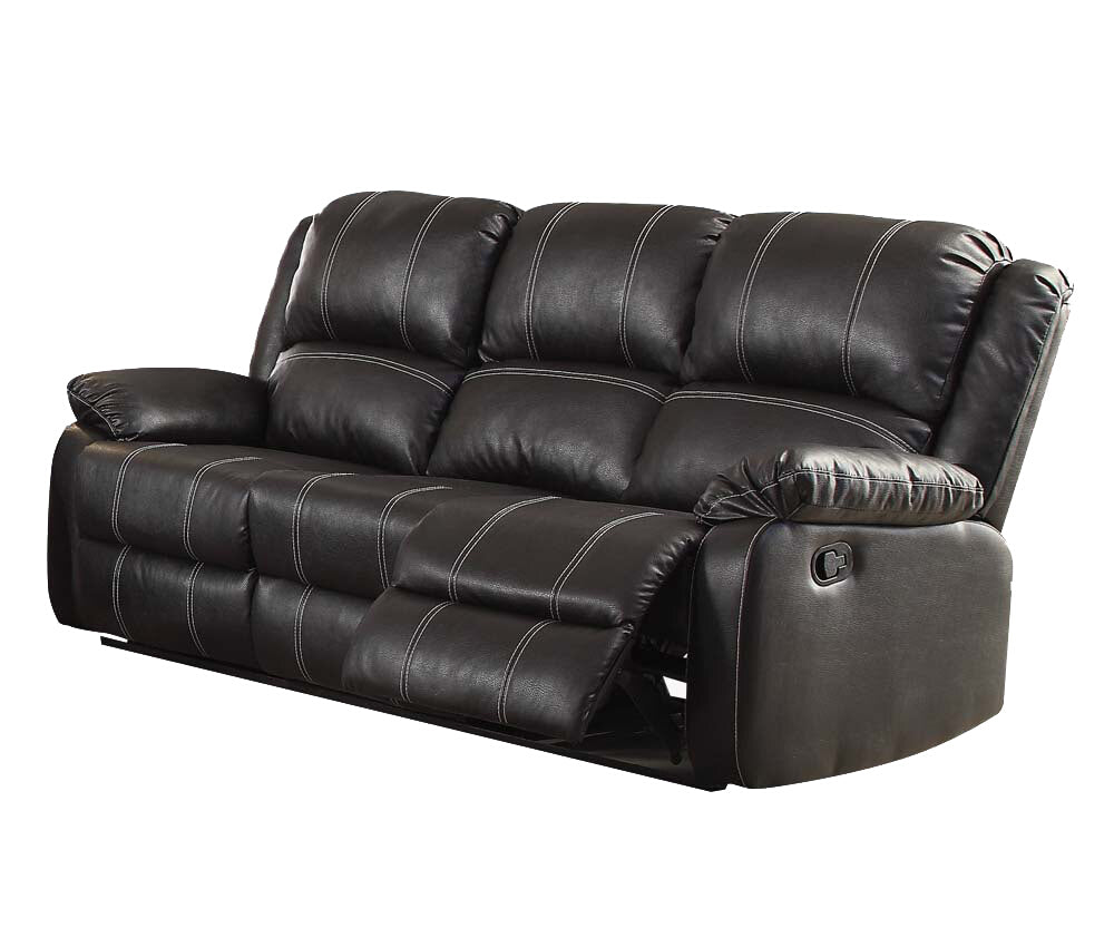 Brown leather recliner sofa with white stitching and padded armrests
