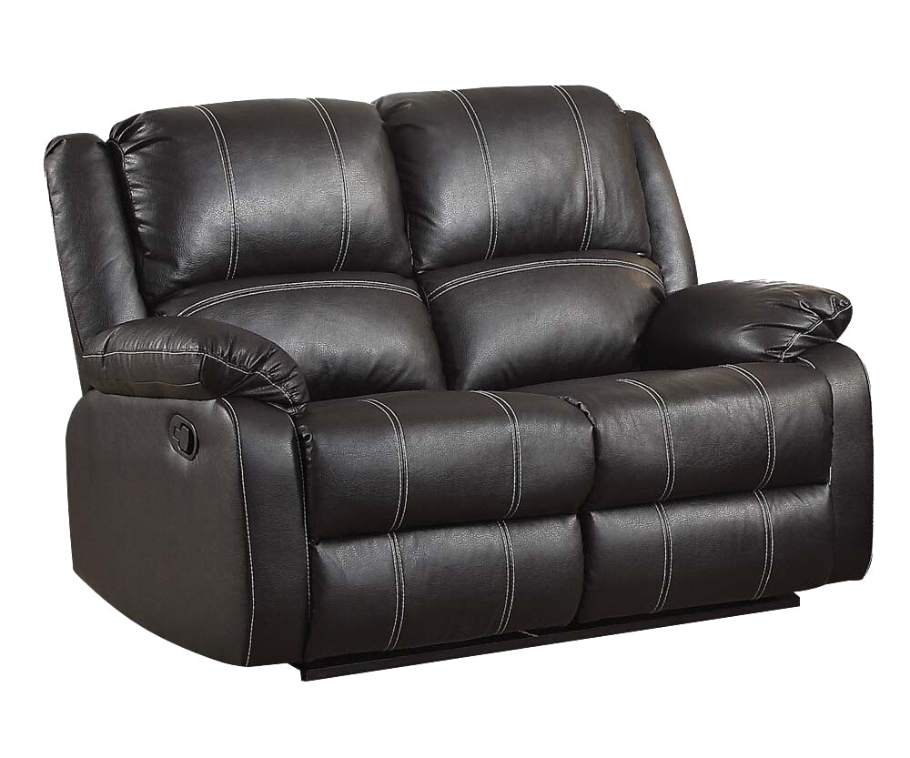 Black faux leather loveseat recliner with white contrast stitching