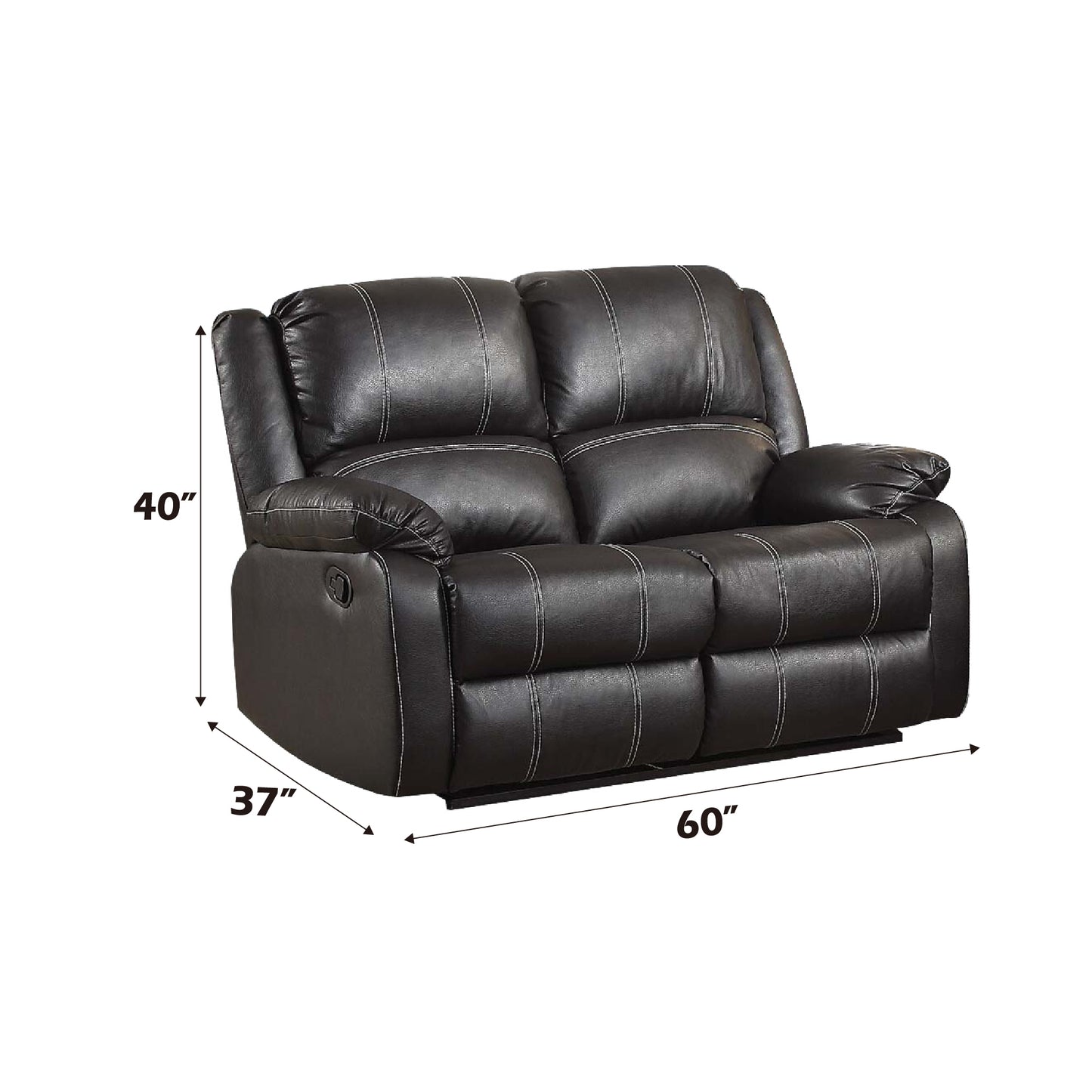 Black leather loveseat recliner with white stitching and plush cushions