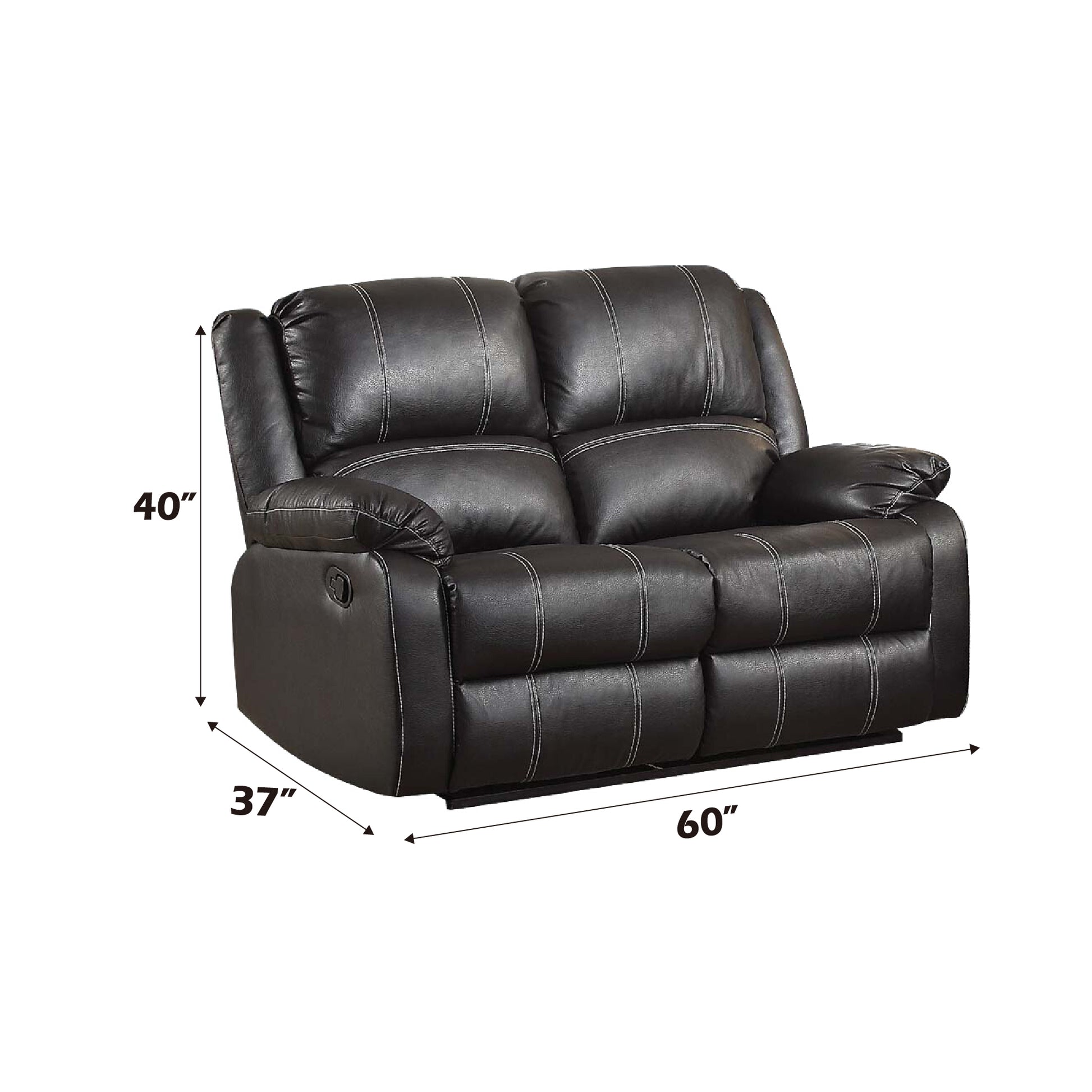 Black leather loveseat recliner with white stitching and plush cushions