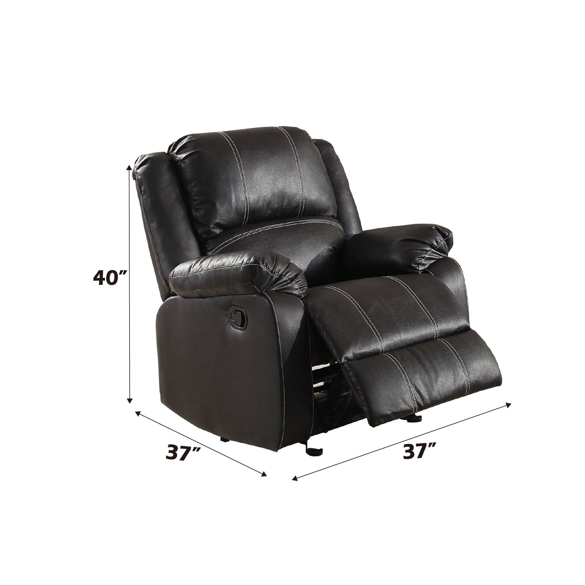 Plush black leather recliner with white stitching  height