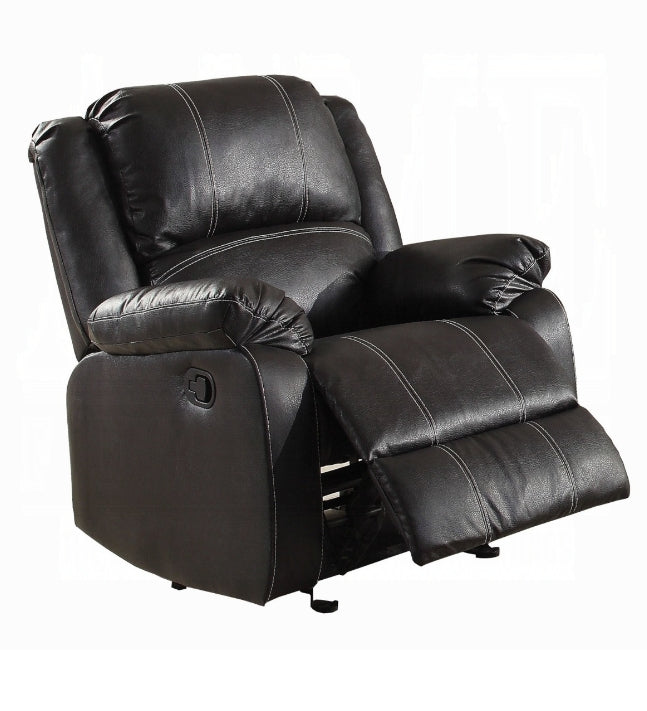 Black faux leather recliner chair with white stitching