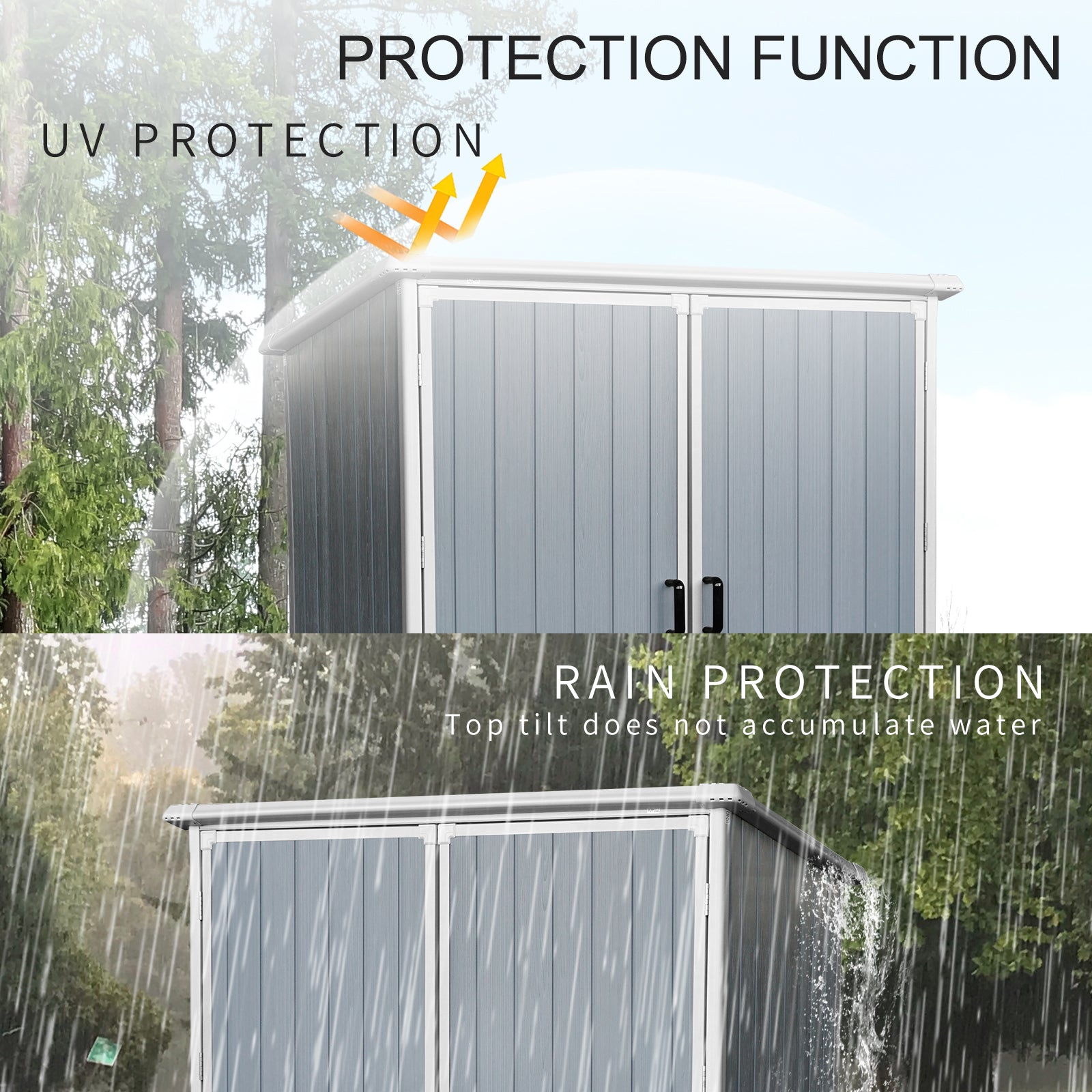 Gray outdoor storage shed with UV protection