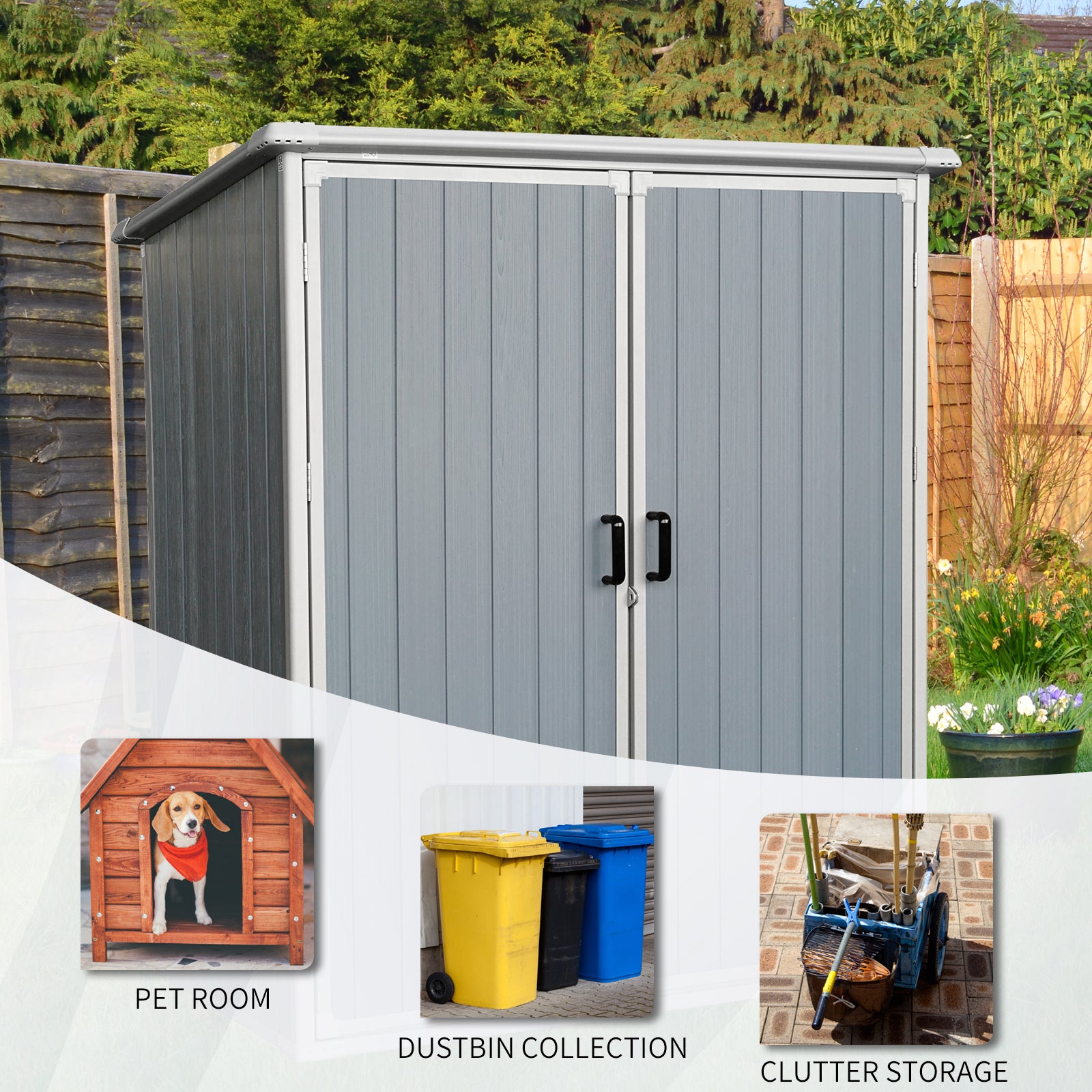 Gray resin outdoor storage shed with double doors