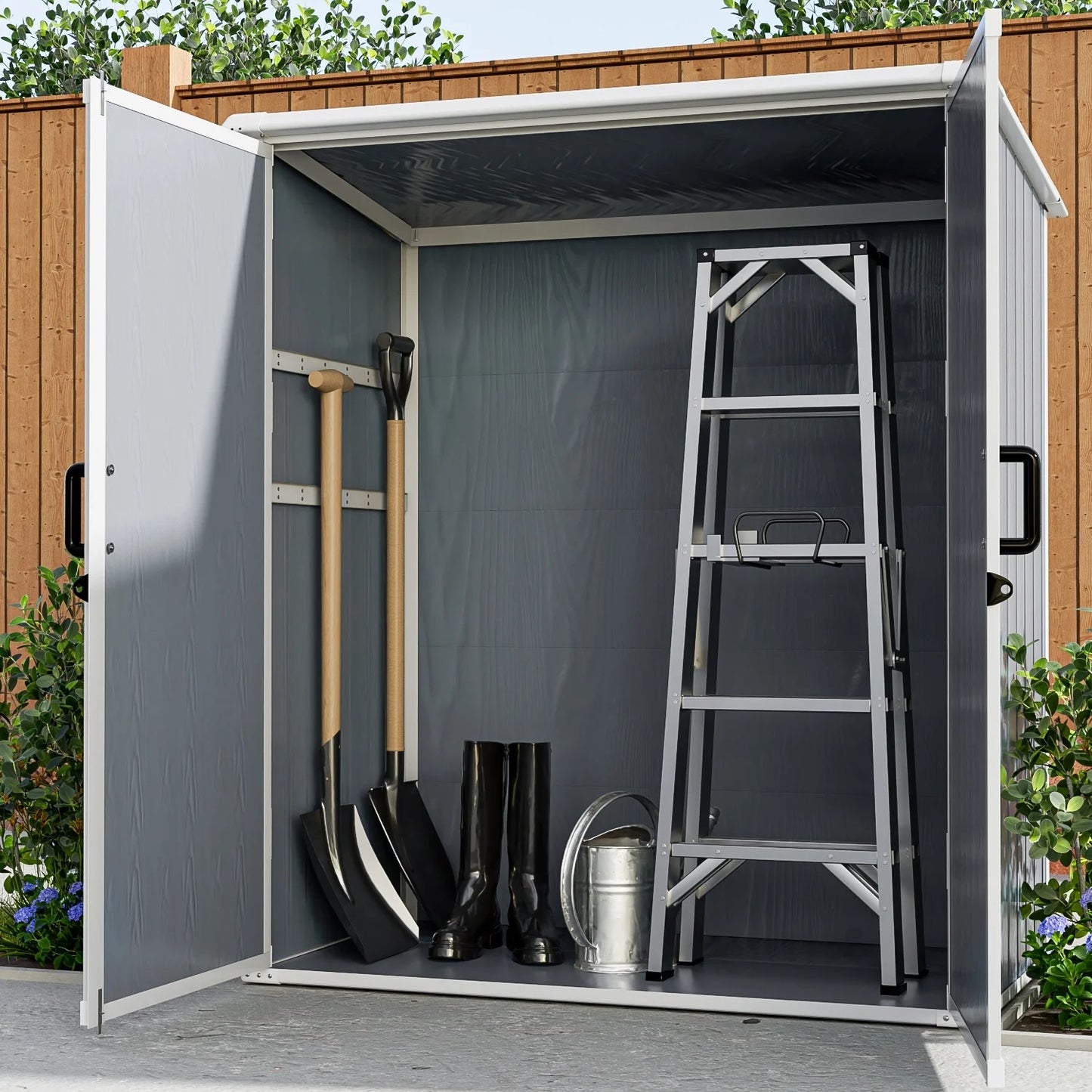 Modern grey garden shed with tools