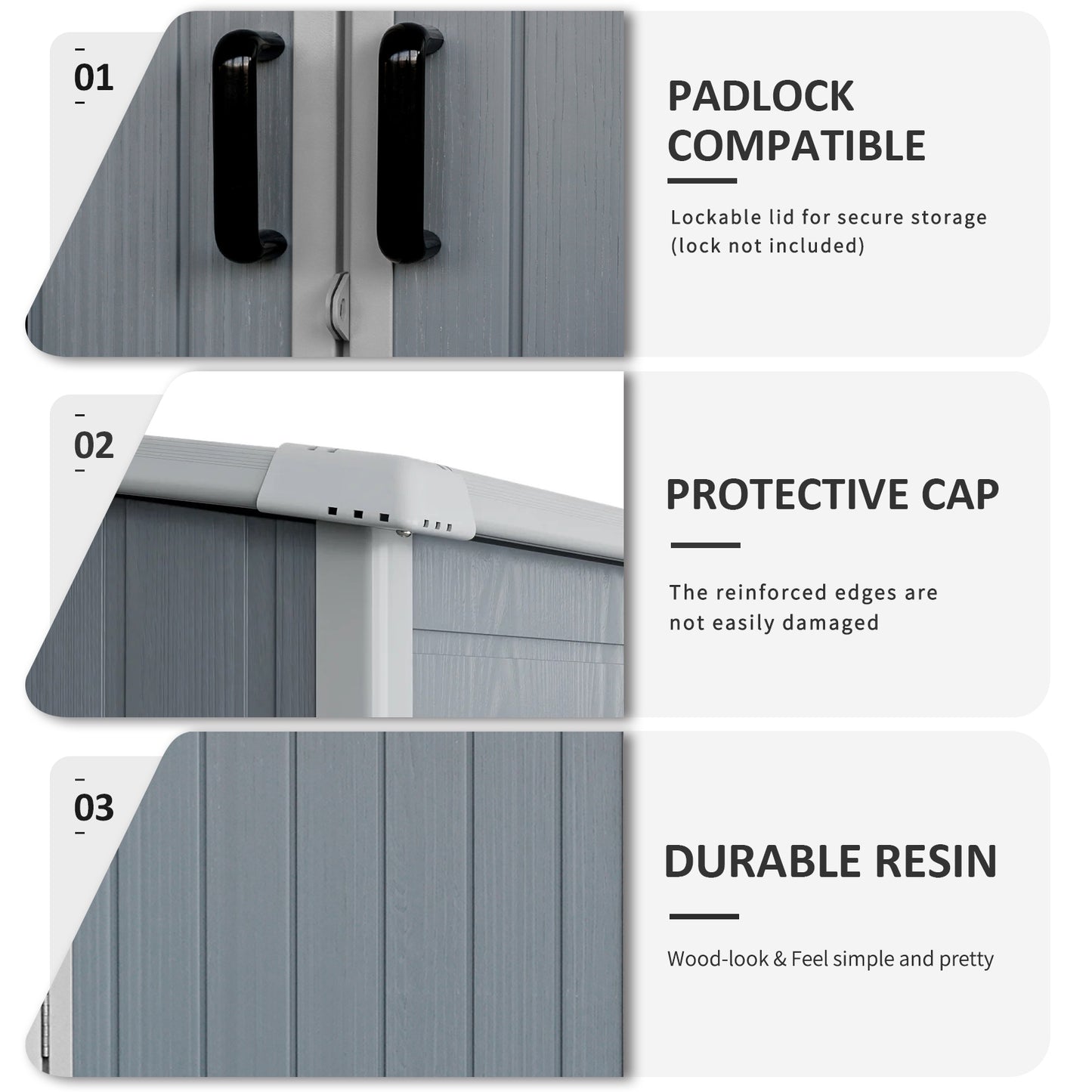 Grey storage shed doors with black handles