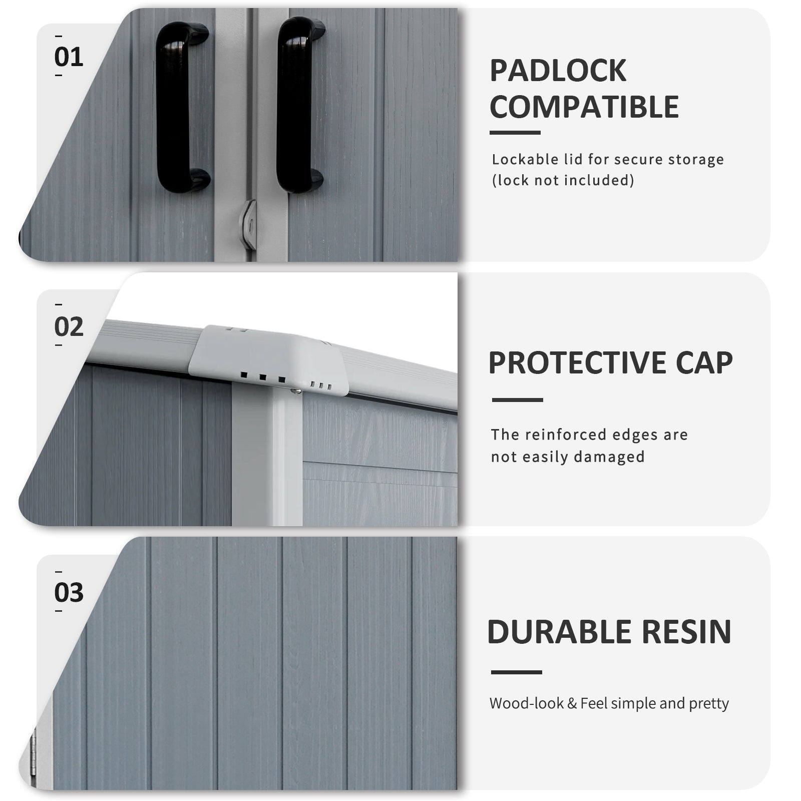Grey storage shed doors with black handles