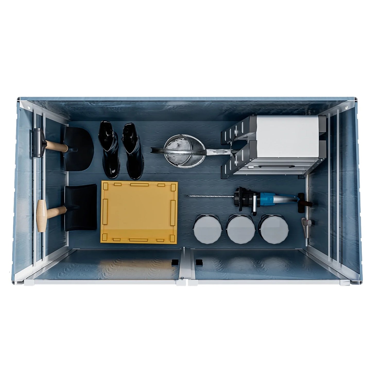 Blue garden shed interior with shovels black boots yellow storage bin and tools