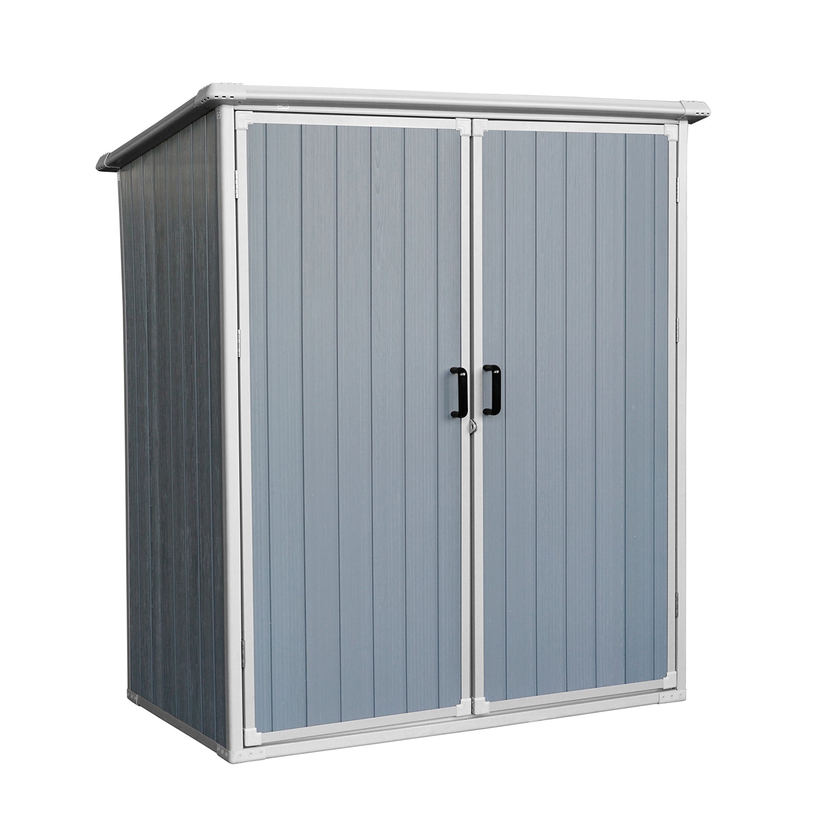 Gray resin garden shed with double doors