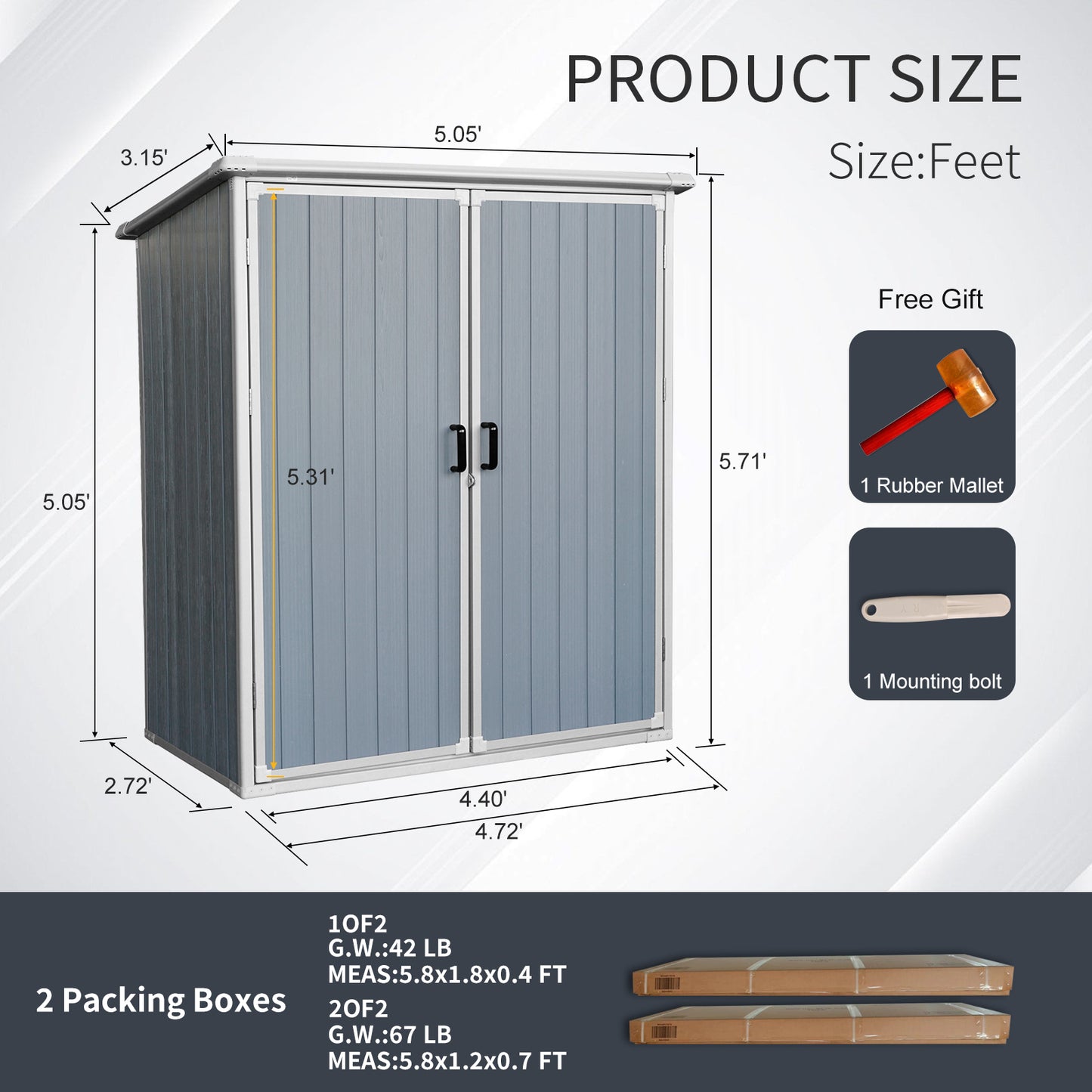 Gray metal outdoor storage shed with double doors and dimensions shown