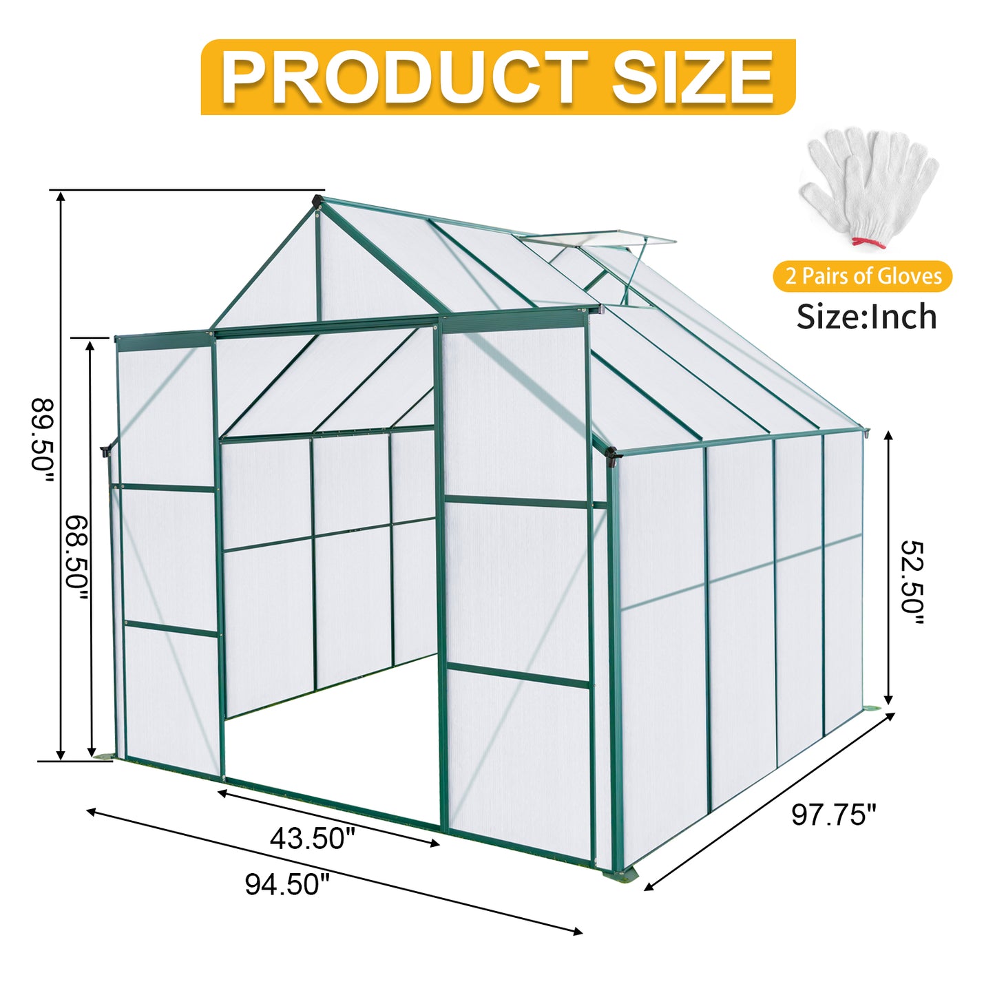 Green aluminum frame greenhouse with polycarbonate panels and double doors  W x  D