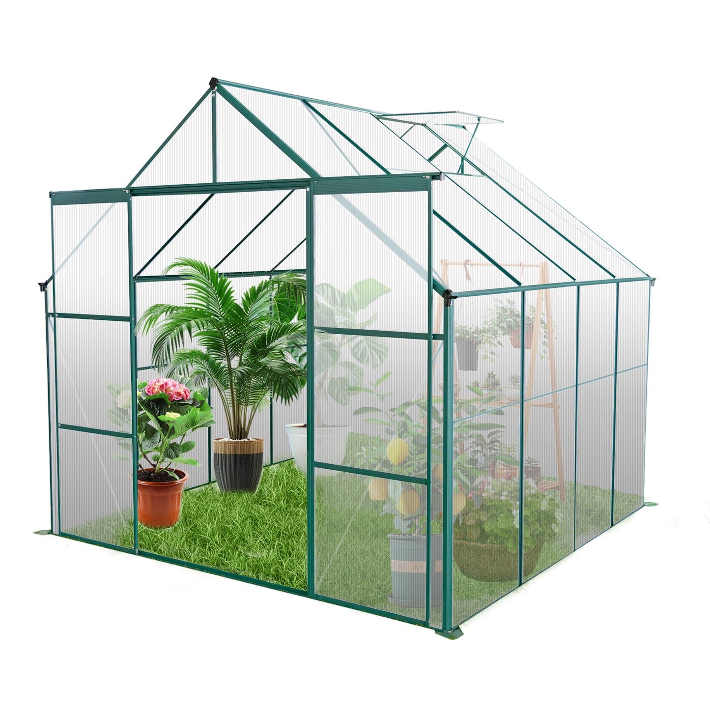 Green metal frame greenhouse with polycarbonate panels and potted plants