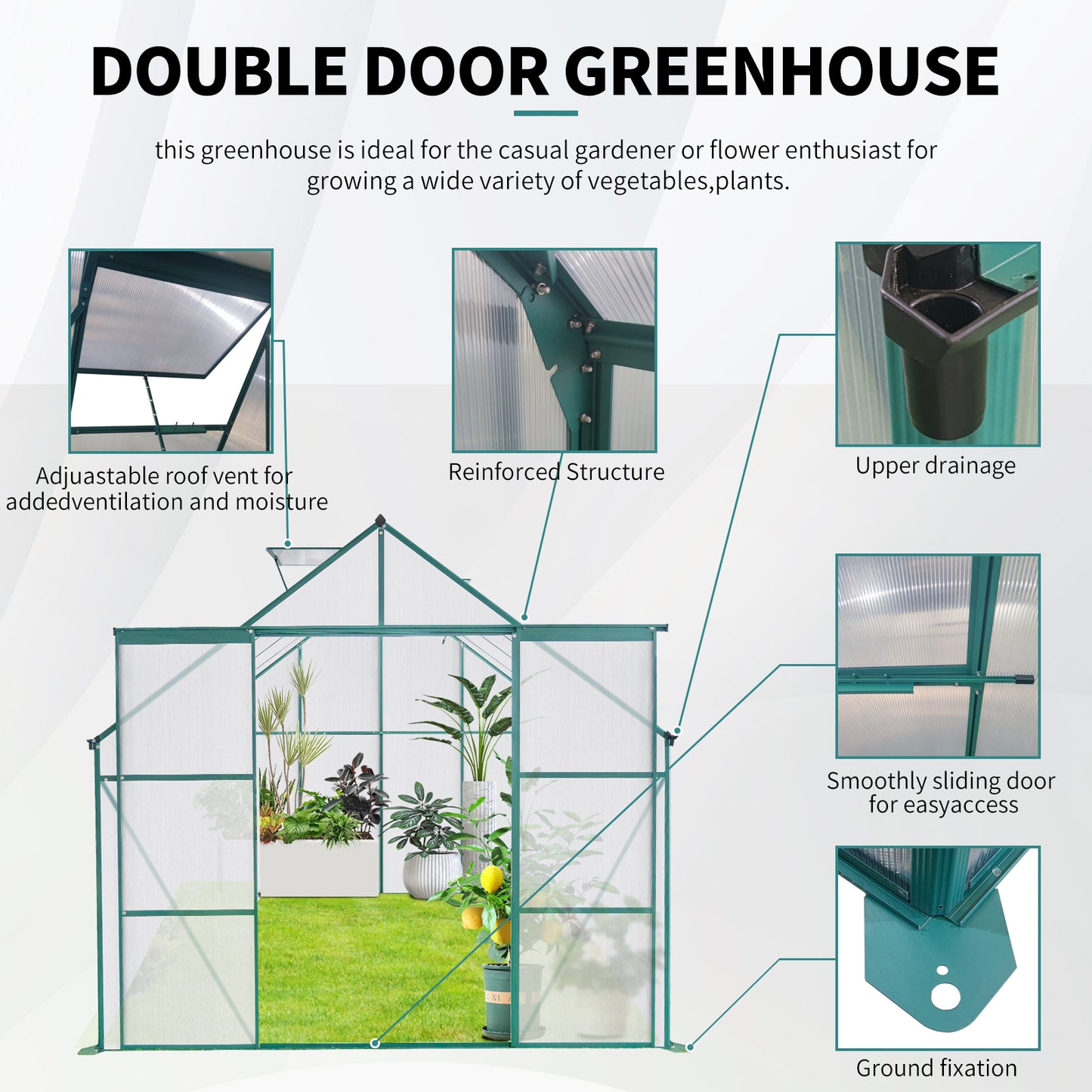 Green double door greenhouse with adjustable roof vents