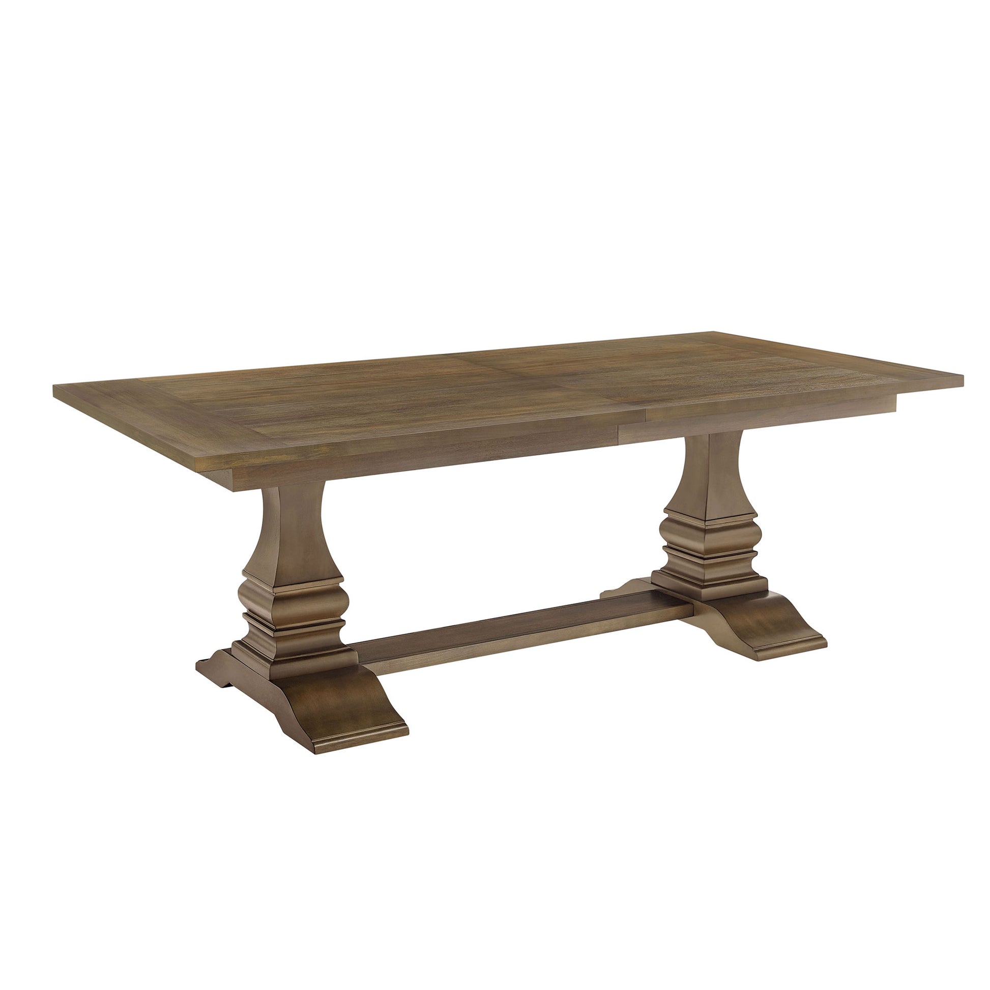 Rustic brown wood dining table with pedestal bases and a connecting stretcher