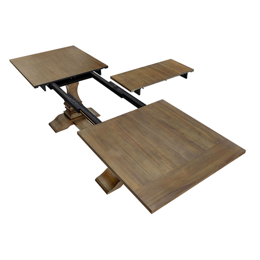 Brown wooden extendable dining table with pedestal base