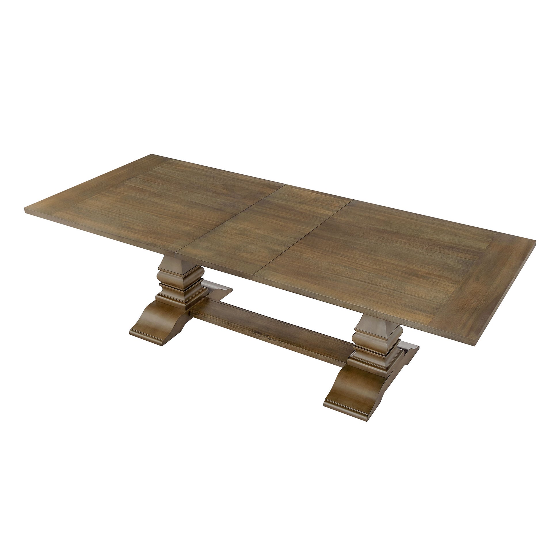 Rectangular wooden dining table with pedestal base and extension leaves
