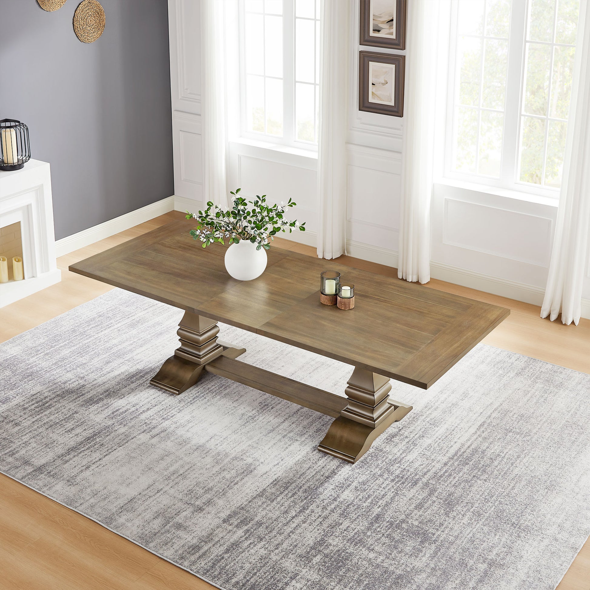 Rustic oak dining table with a double pedestal base