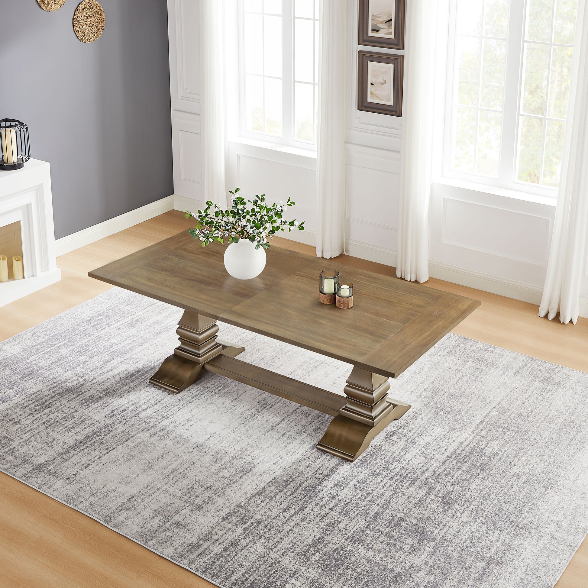 Rustic oak dining table with double pedestal base