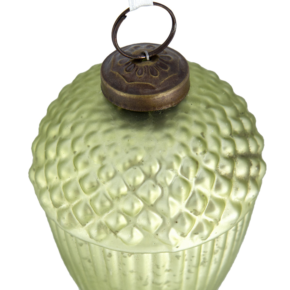 Textured green glass acorn ornament with bronze cap and hanging ring