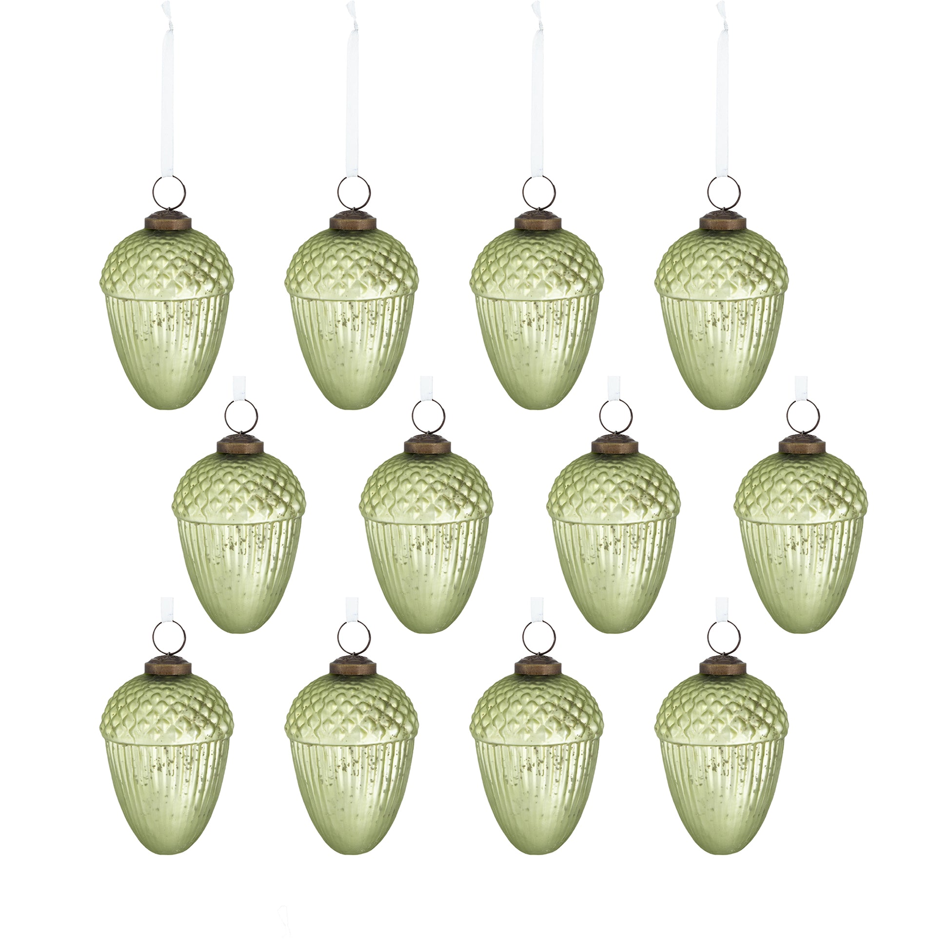 Set of  pale green glass acorn ornaments with textured caps and hanging ribbons
