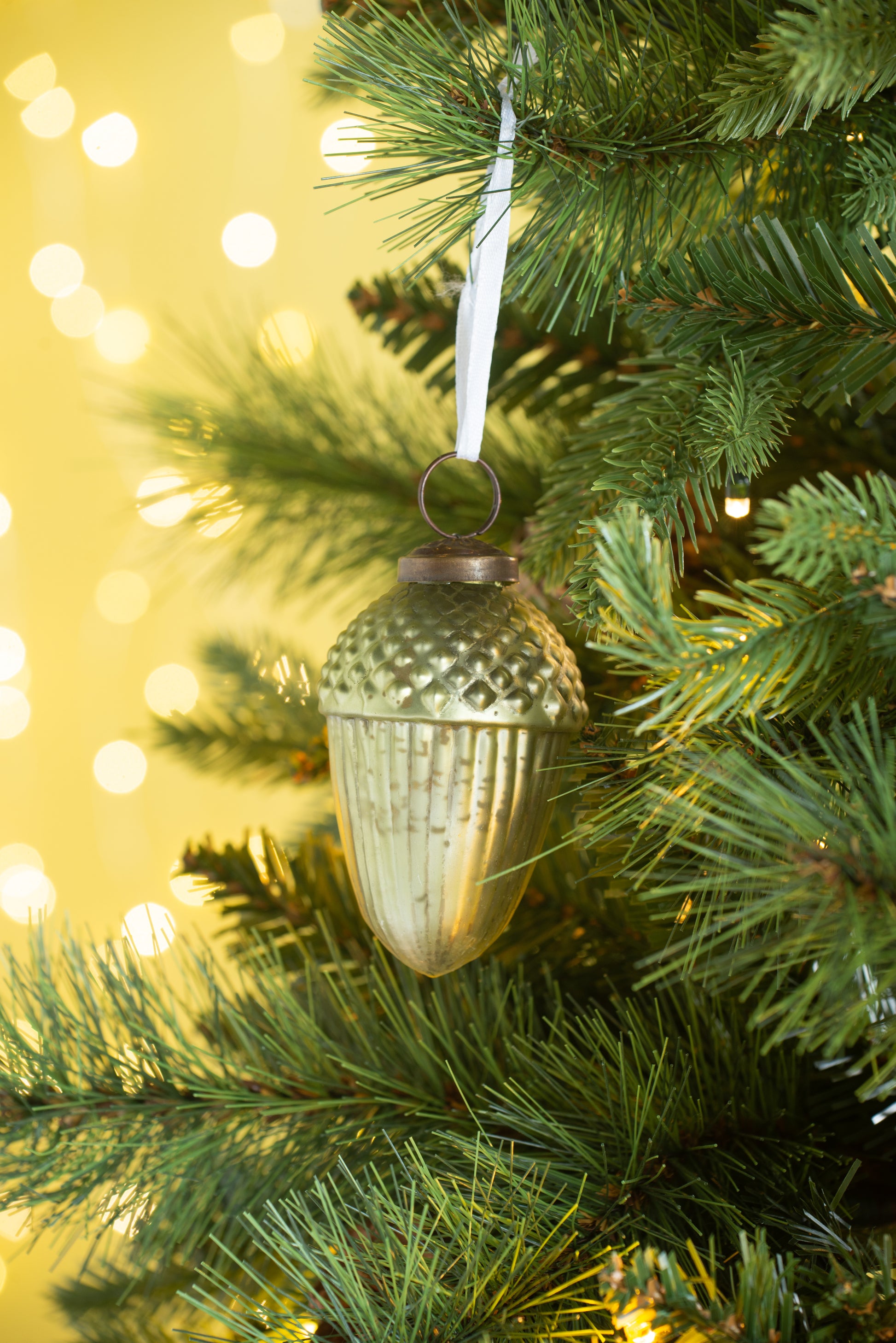 Gold glass acorn Christmas ornament hanging on pine tree branch