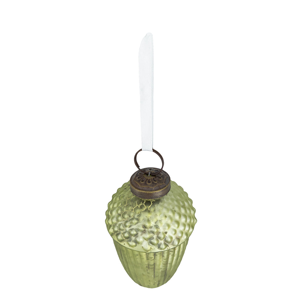 Vintage glass acorn ornament in pale green with a bronze cap