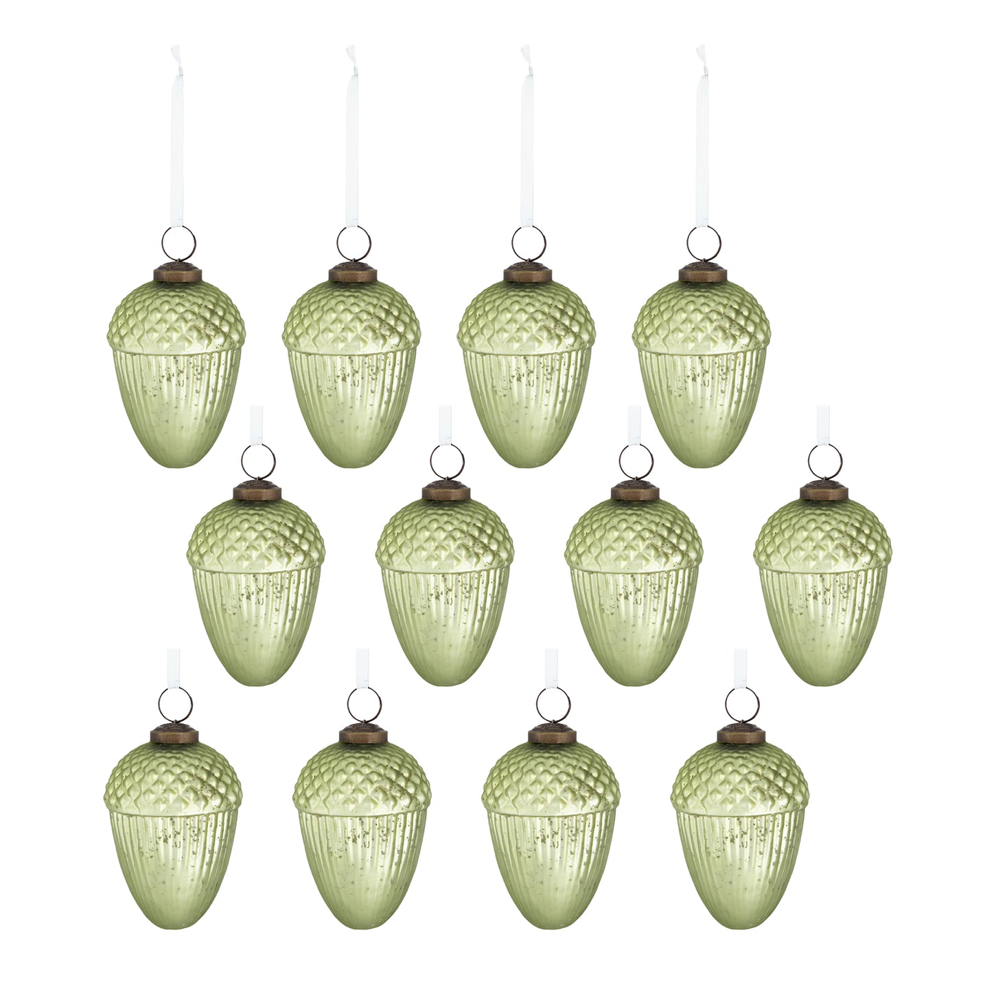 Set of  distressed sage green glass acorn Christmas ornaments