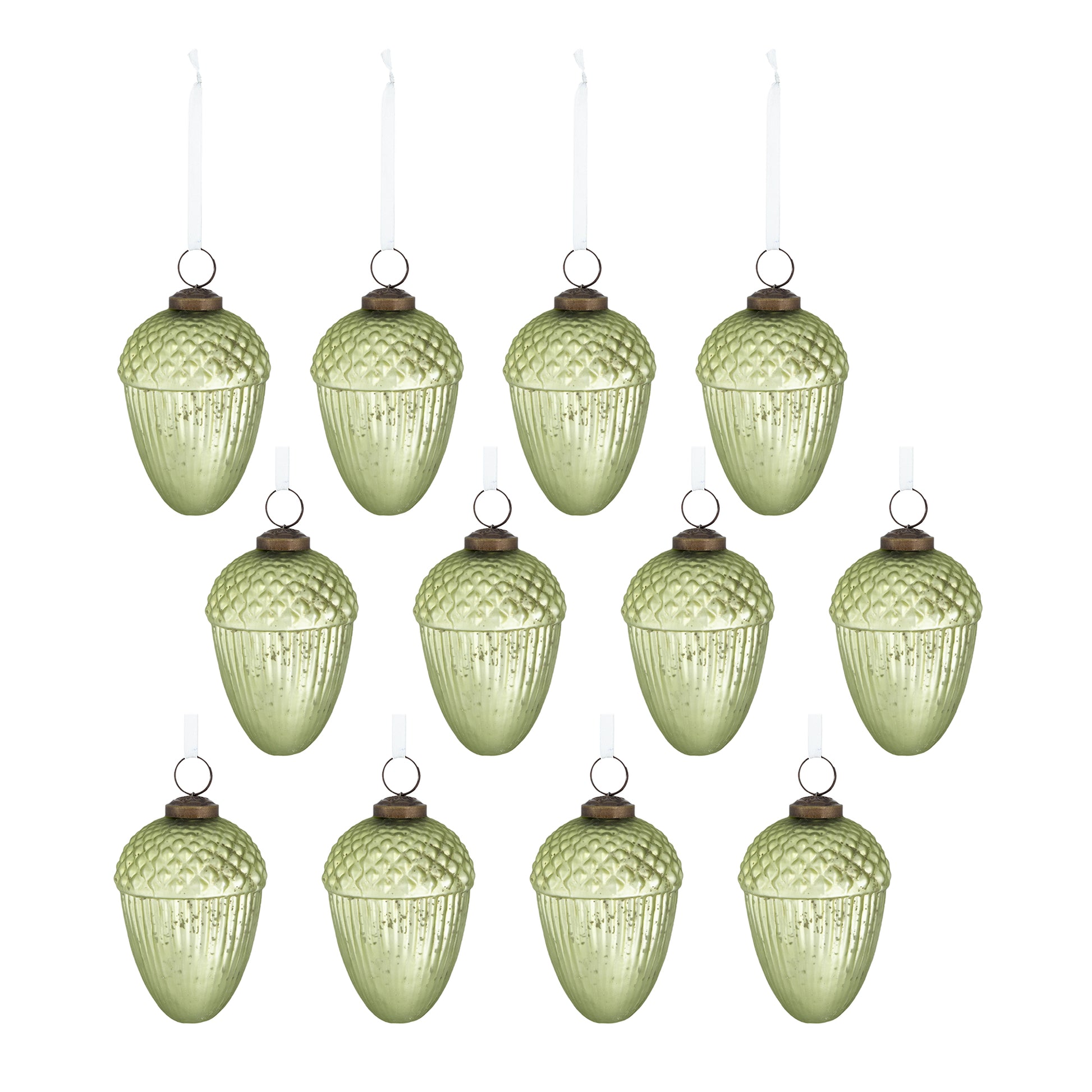Set of  distressed sage green glass acorn Christmas ornaments