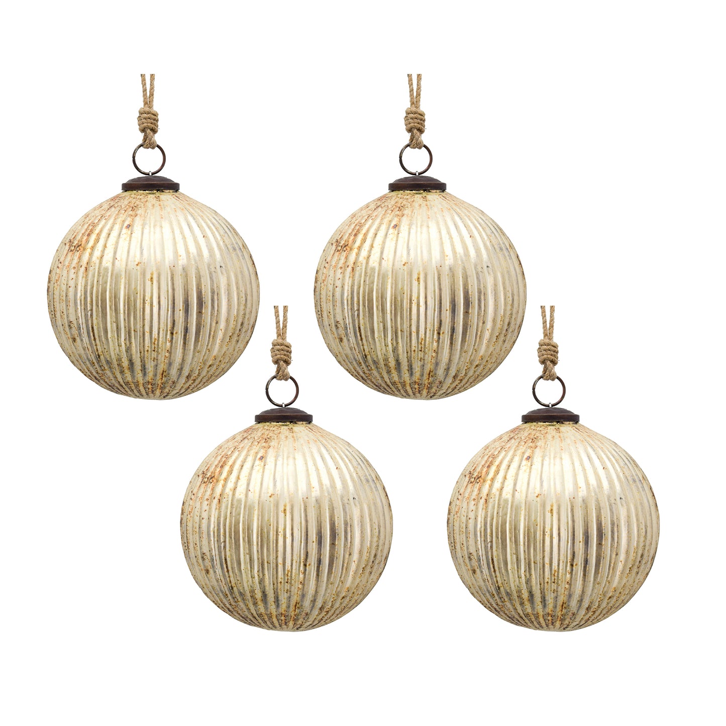 Set of  mercury glass Christmas ornaments with rustic ribbed texture