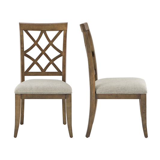 Rustic oak dining chair with diamond backrest and beige upholstered seat