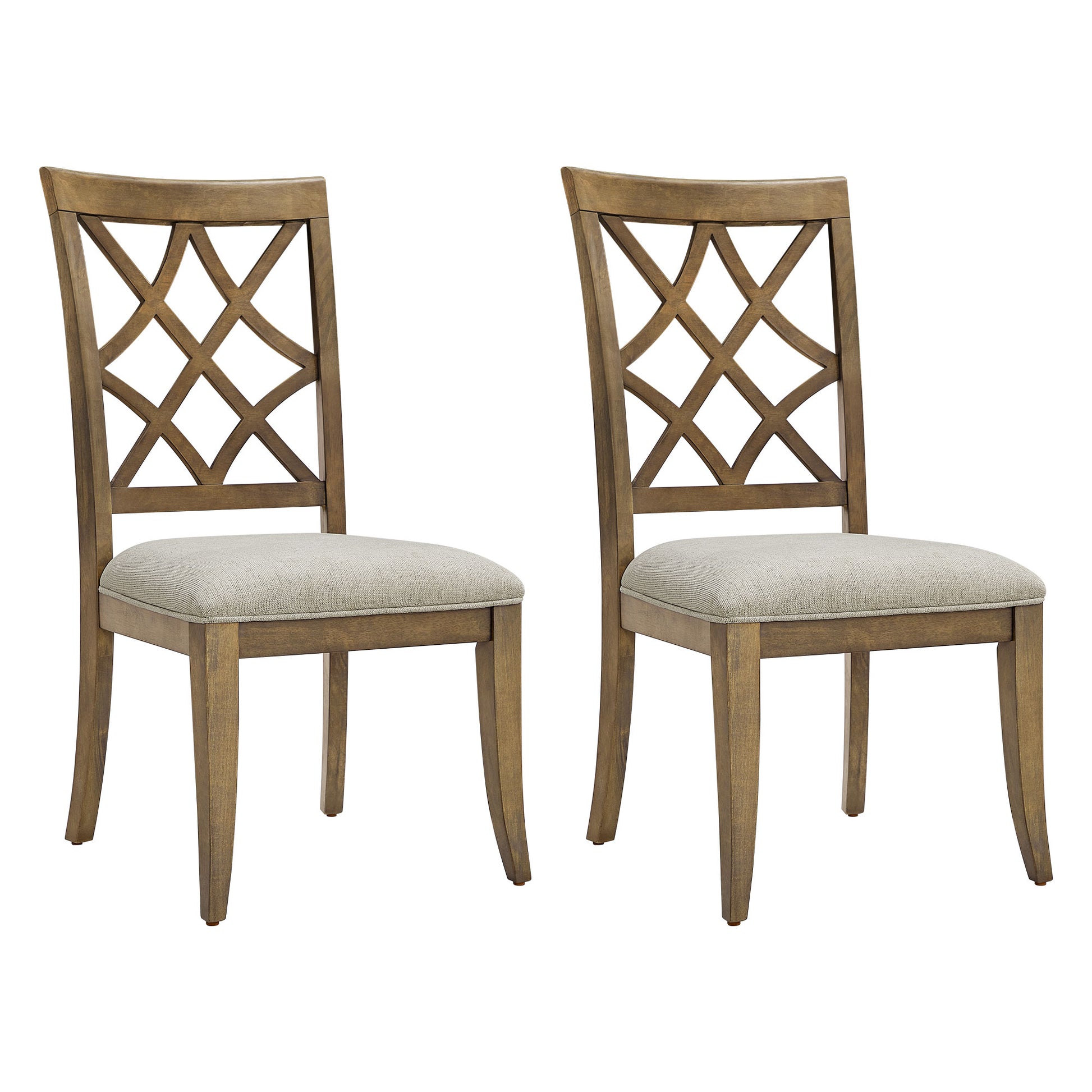 Two distressed oak dining chairs with upholstered light gray seats and lattice backs