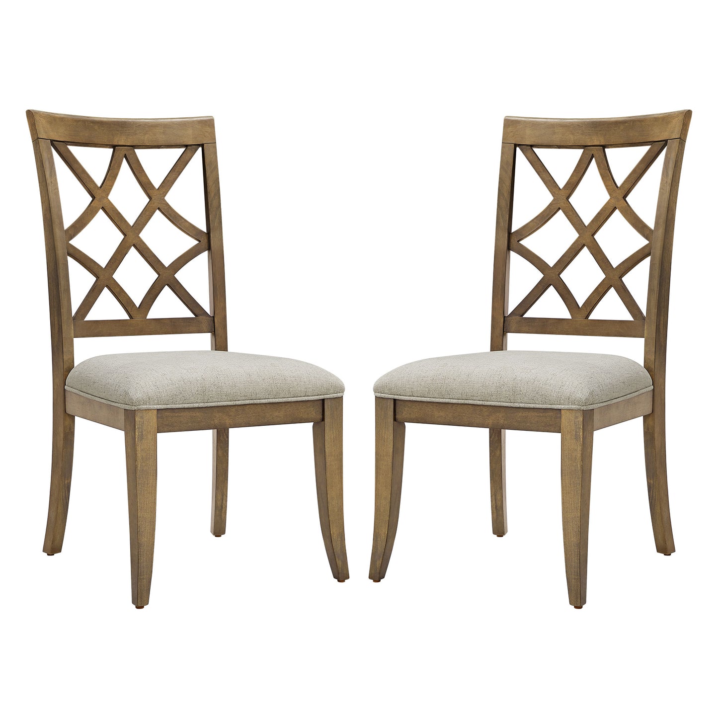 Pair of rustic wood dining chairs with light grey upholstered seats and geometric backrest