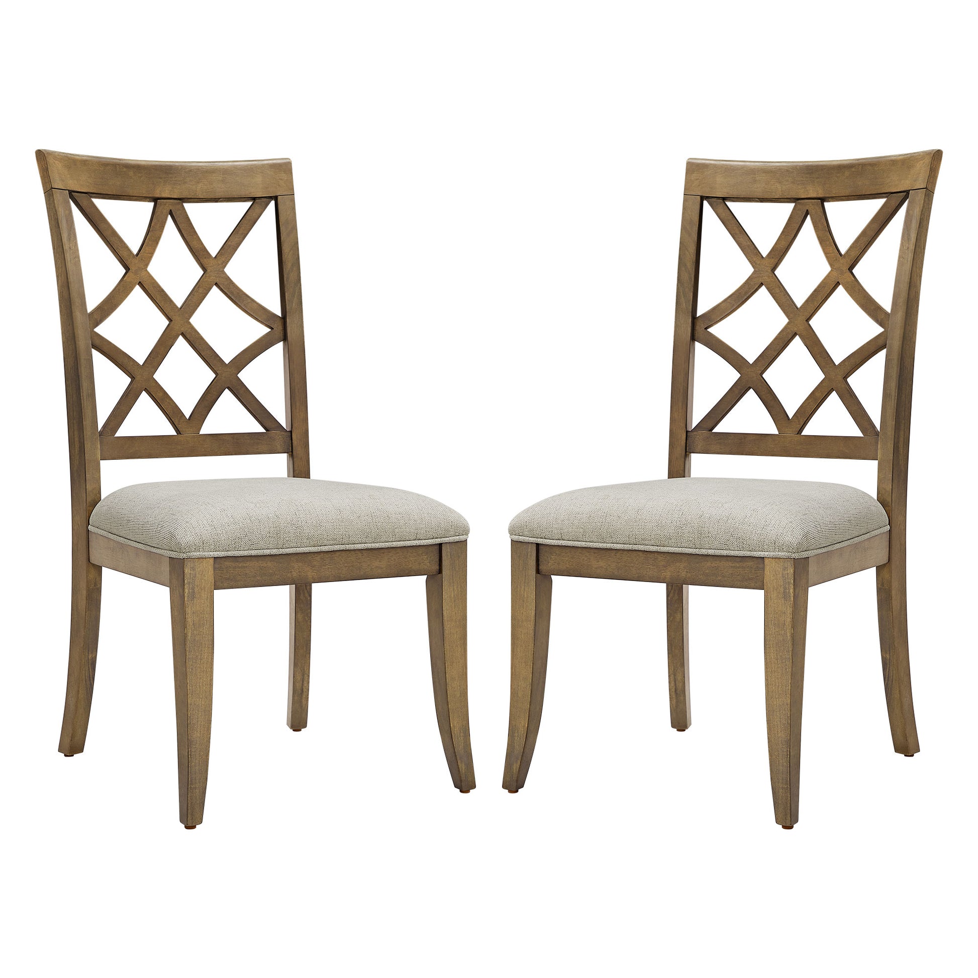 Pair of rustic wood dining chairs with light grey upholstered seats and geometric backrest